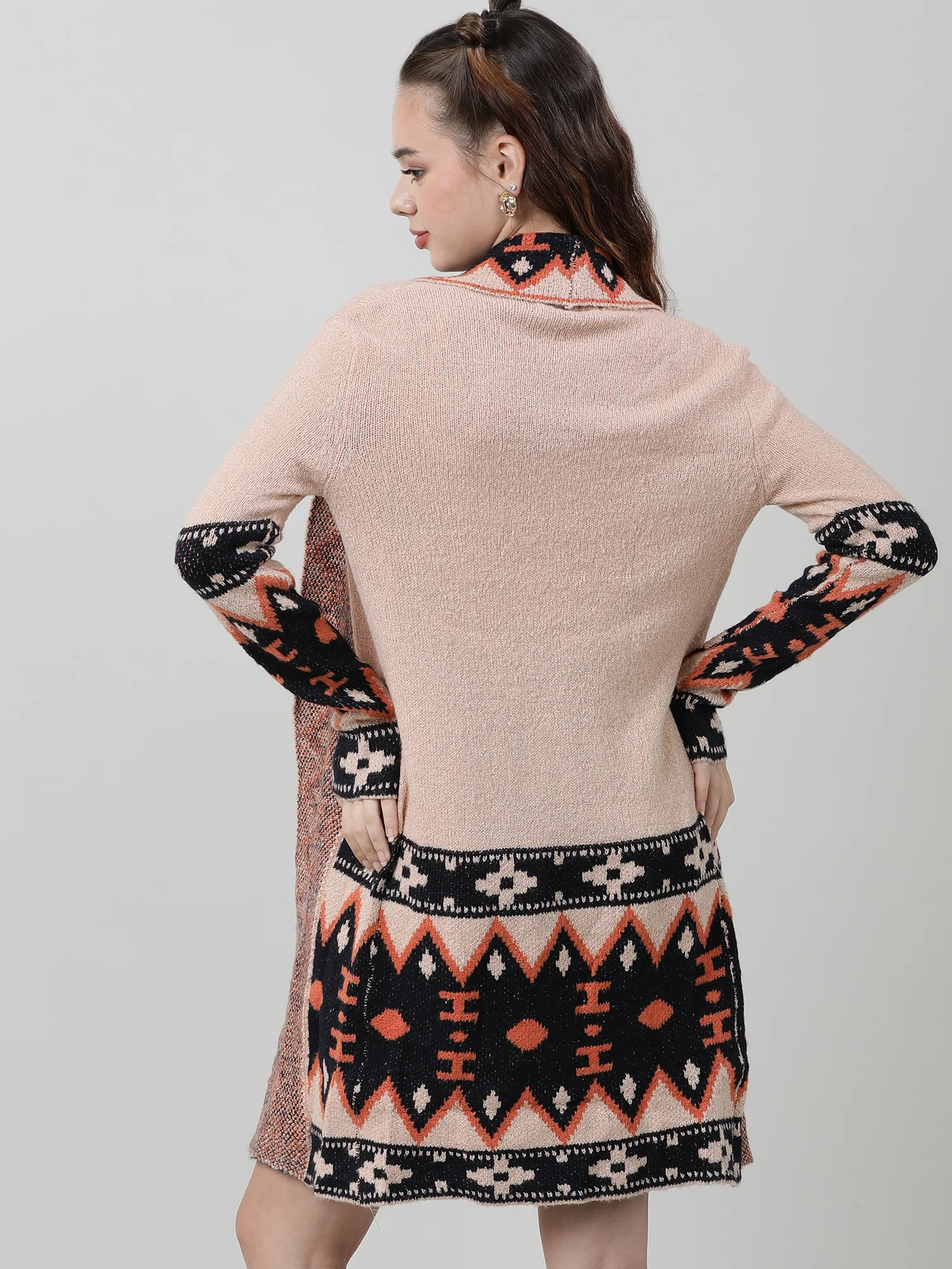 Women Relaxed Fit Coral Longline Open Front Shrug - Image 6
