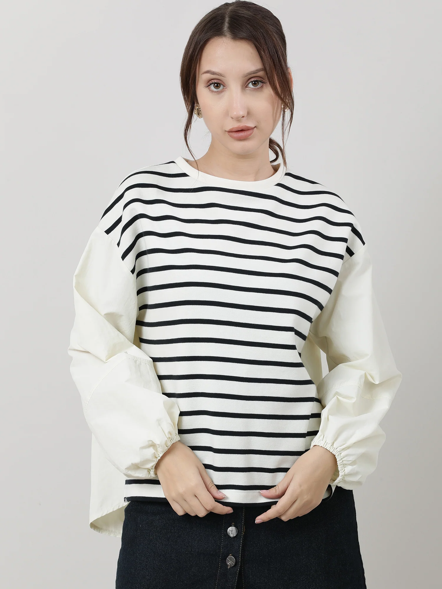 Women Relaxed Fit Cream Striped Top - Image 5