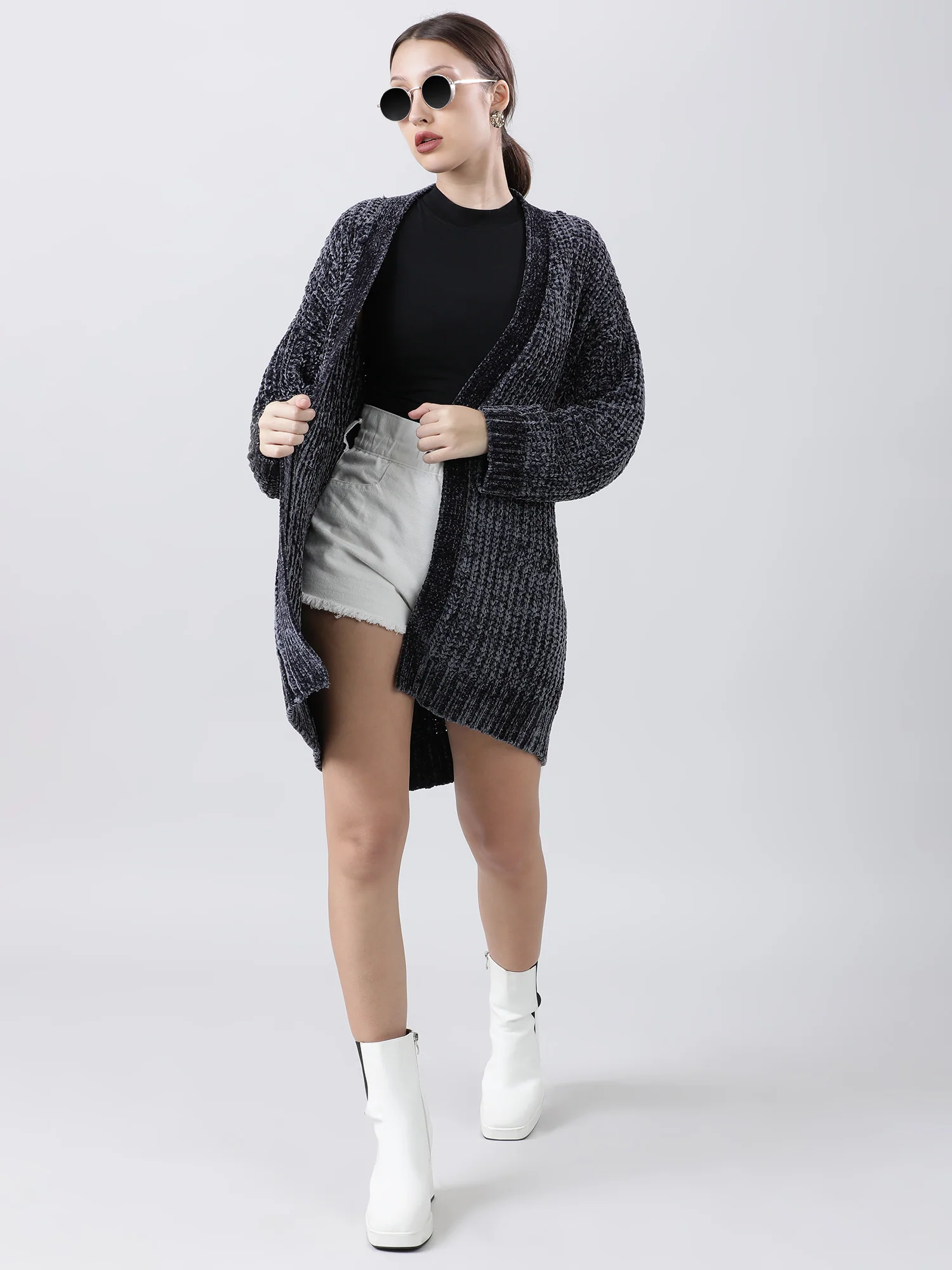 Women Relaxed Fit Dark Grey Front Open Knitted Shrug - Image 7
