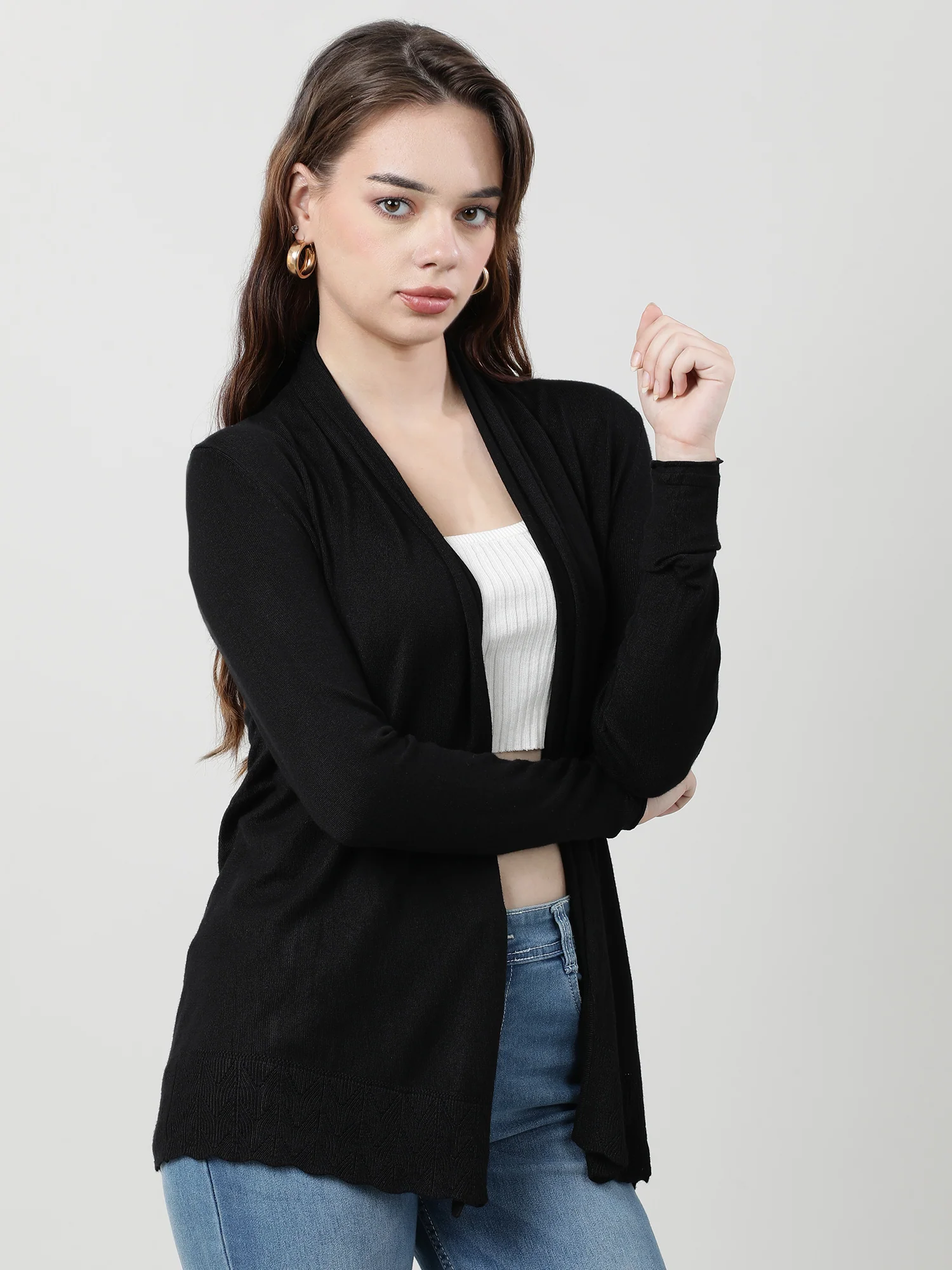 Women Relaxed Fit Front Open Black Shrug - Image 3