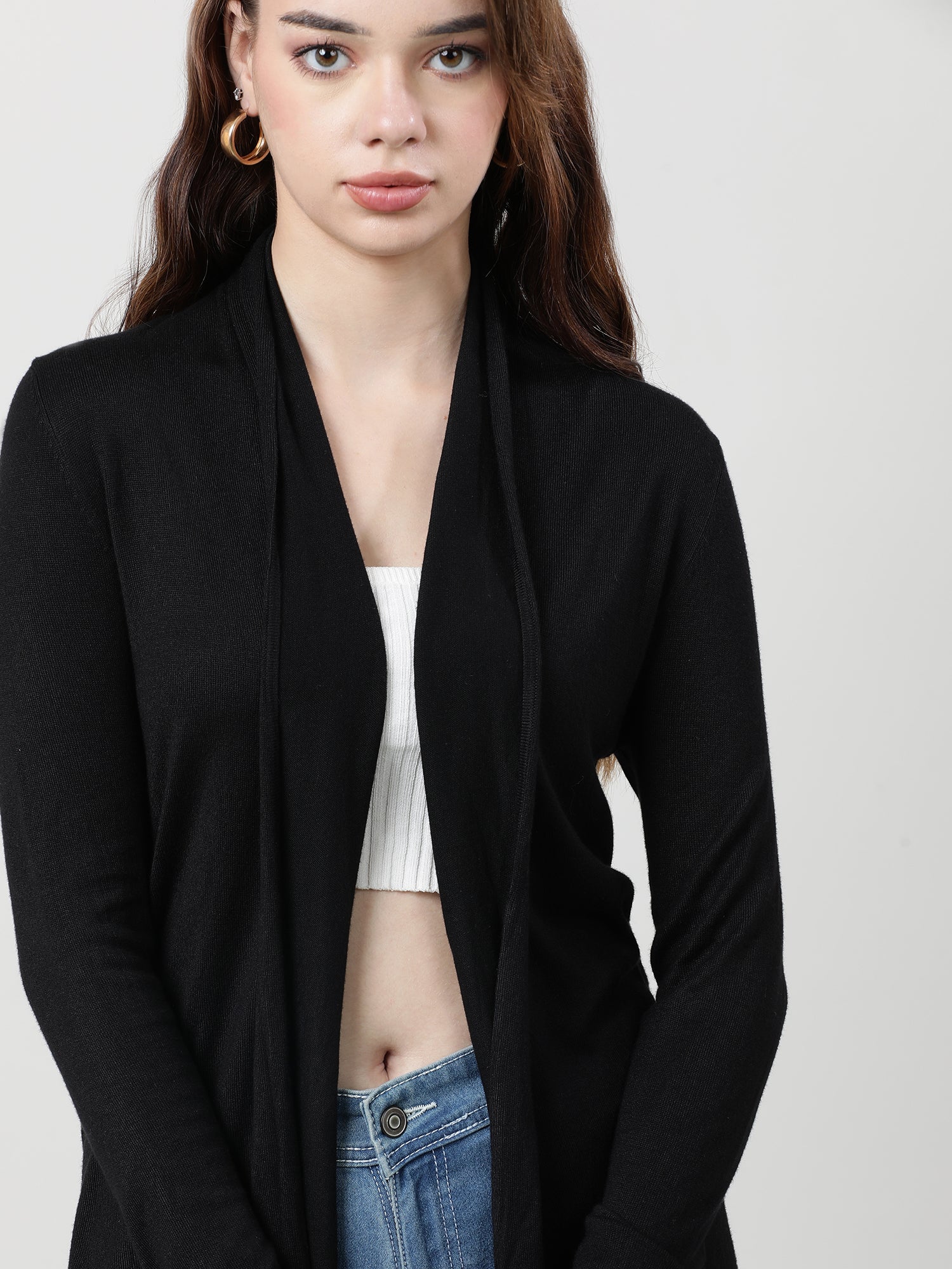 Women Relaxed Fit Front Open Black Shrug - Image 4