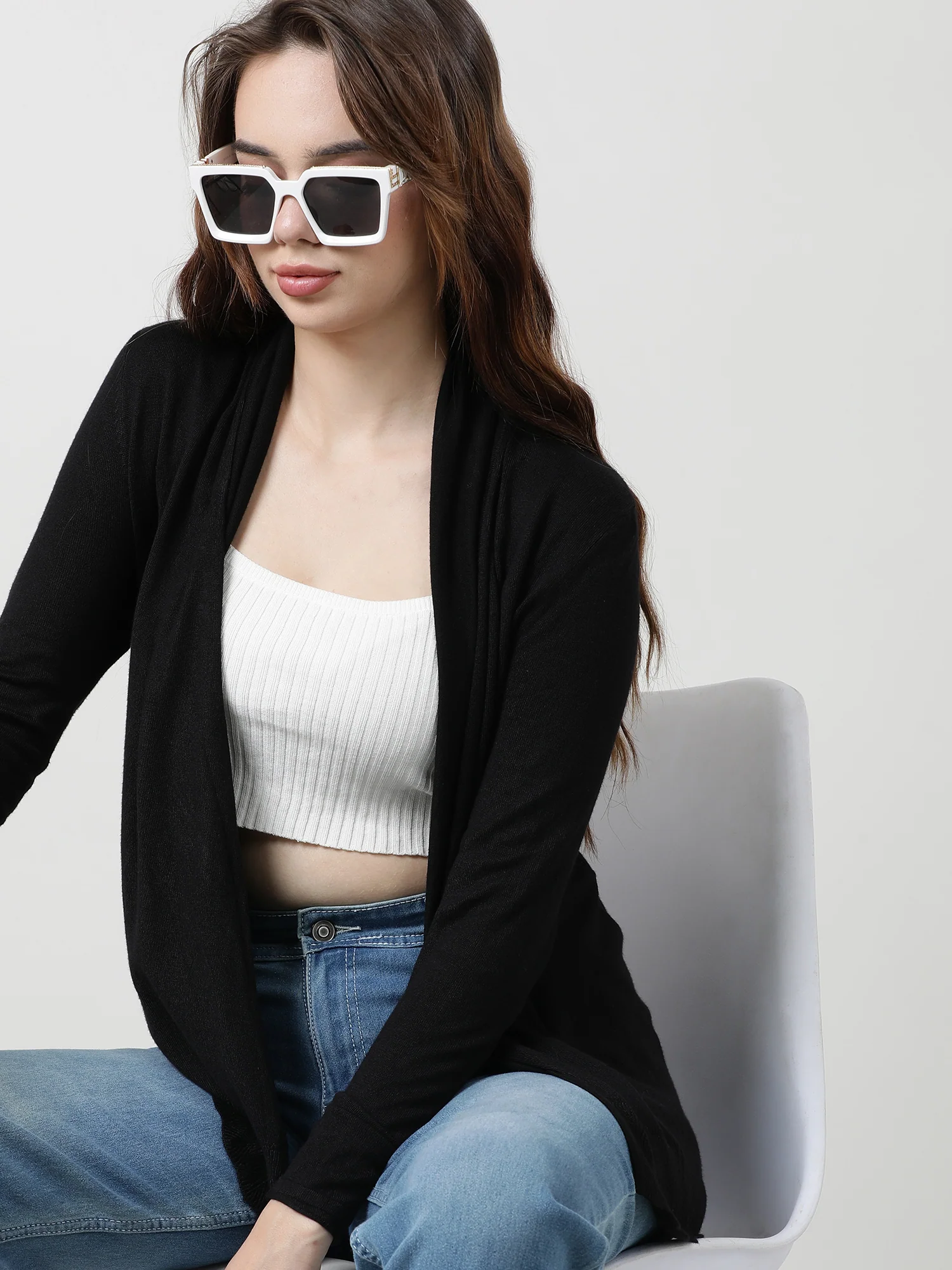 Women Relaxed Fit Front Open Black Shrug - Image 6