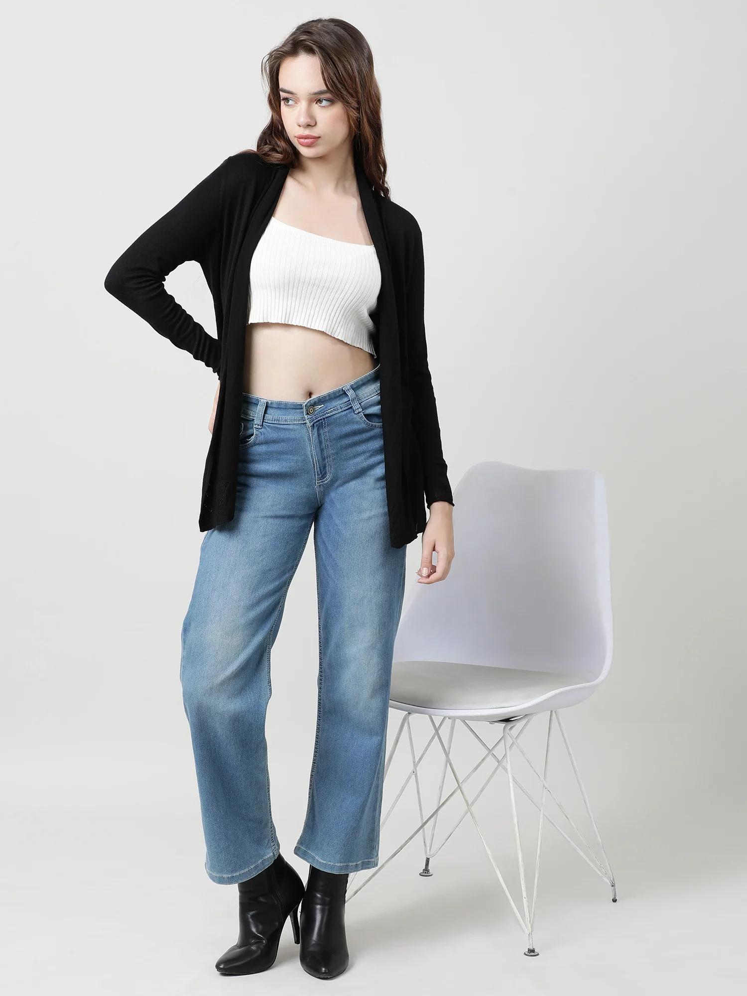 Women Relaxed Fit Front Open Black Shrug - Image 7