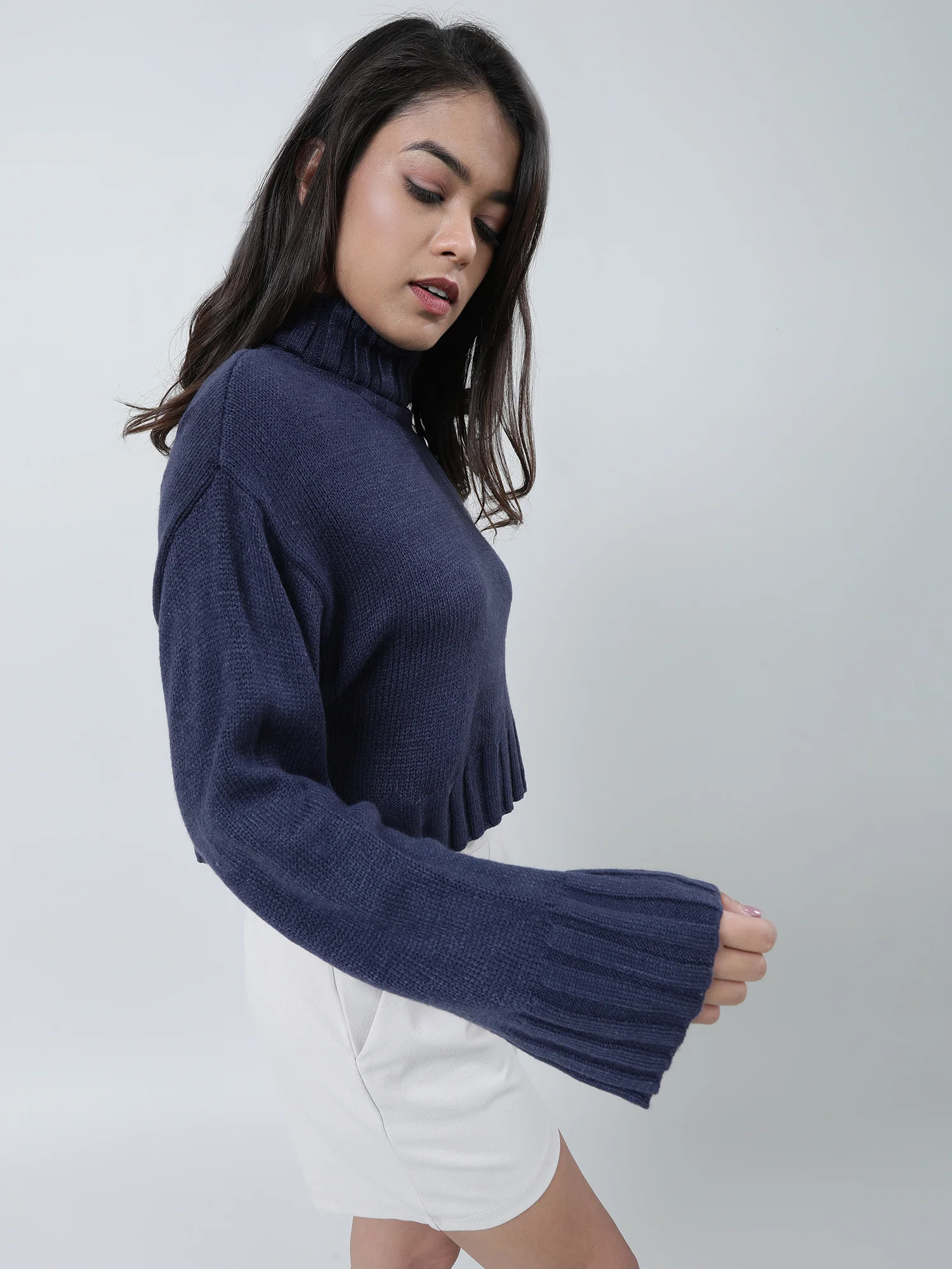 Women Relaxed Fit High Neck Navy Blue Ribbed Sweater - Image 2