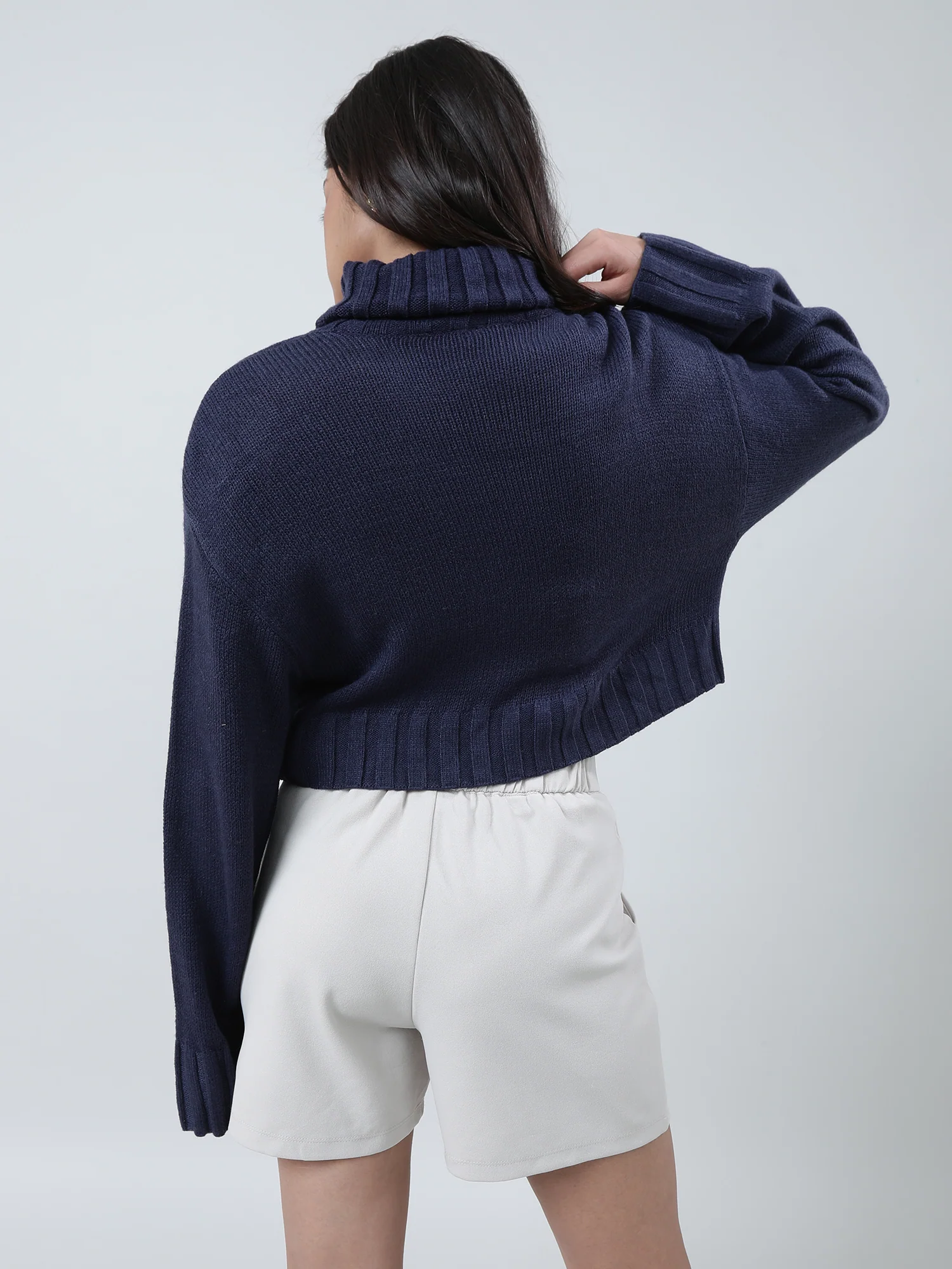 Women Relaxed Fit High Neck Navy Blue Ribbed Sweater - Image 5