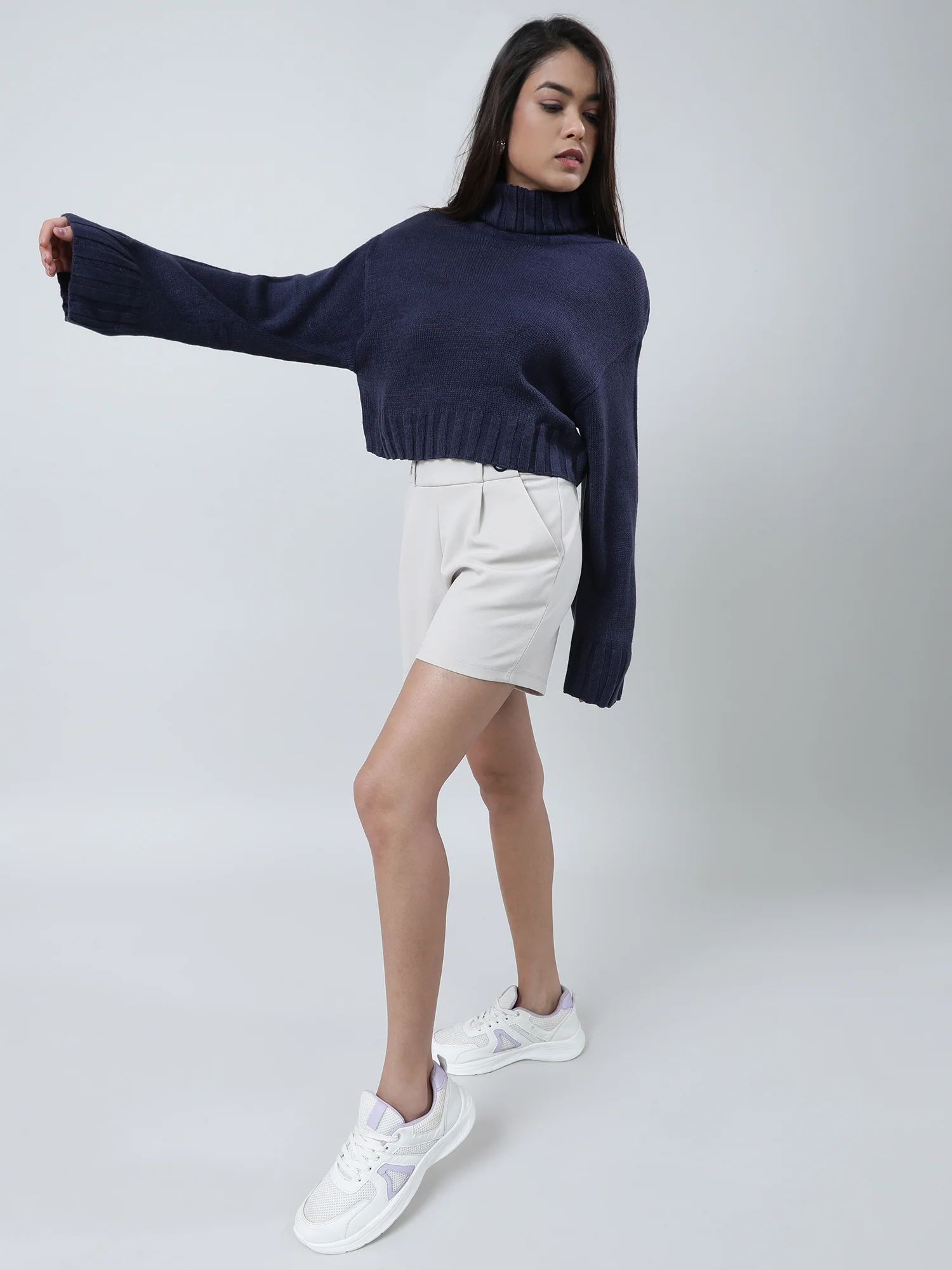 Women Relaxed Fit High Neck Navy Blue Ribbed Sweater - Image 6