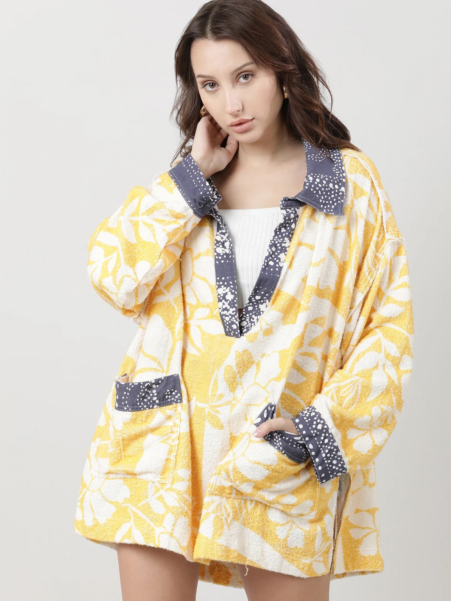 Women Relaxed Fit Light Yellow Floral Sweatshirt With Collar - Image 2
