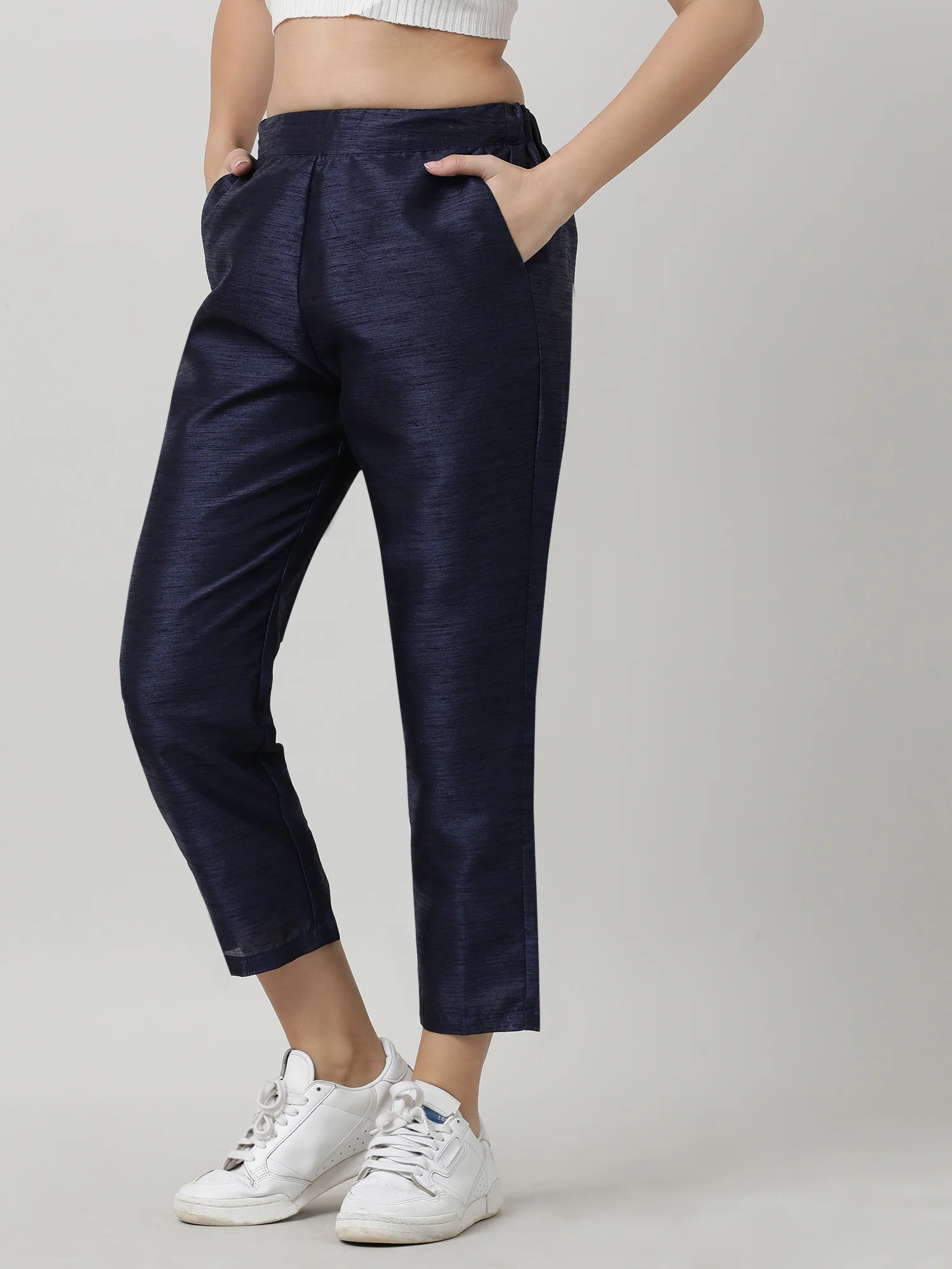 Women Relaxed Fit Navy Ankle Length Pants - Image 3