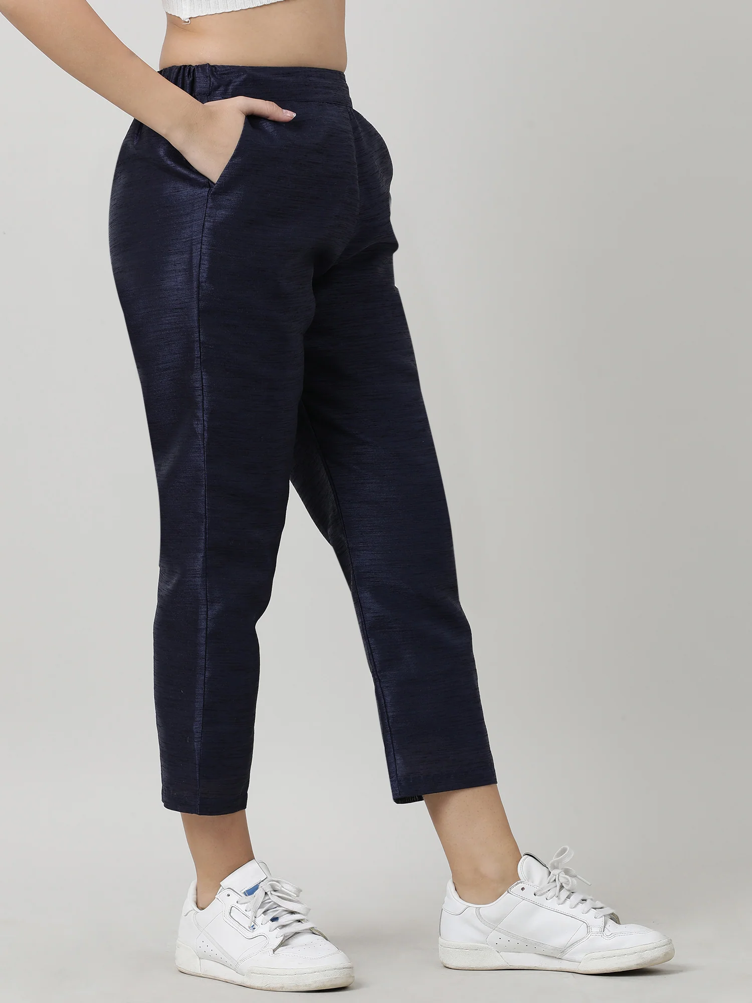 Women Relaxed Fit Navy Ankle Length Pants - Image 4