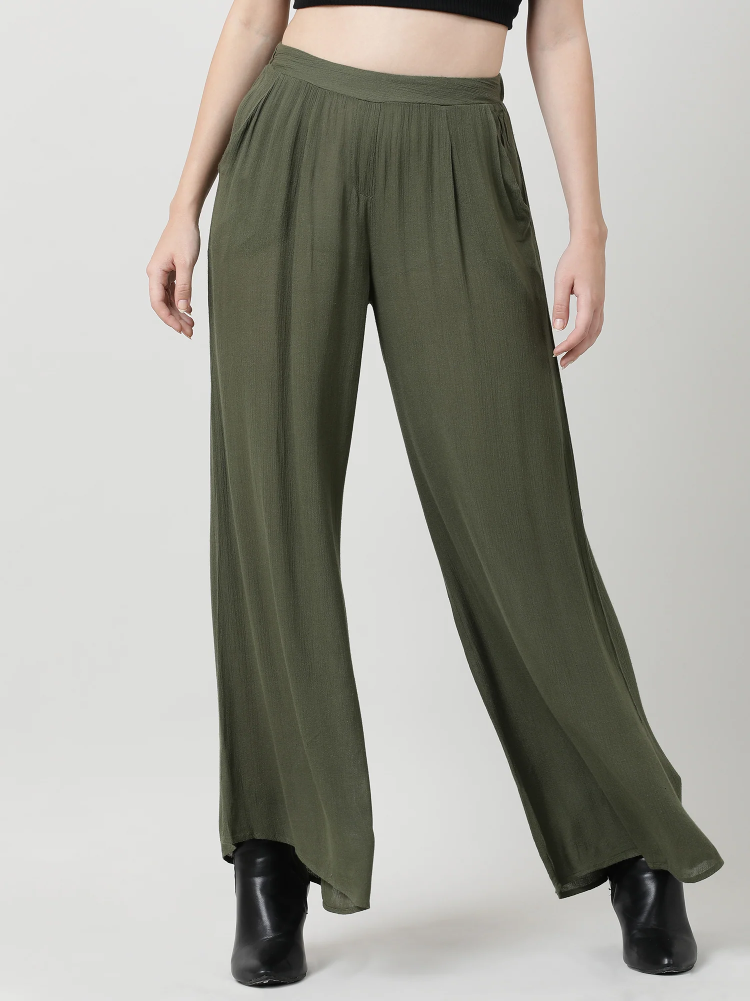 Women Relaxed Fit Olive Pants - Image 2