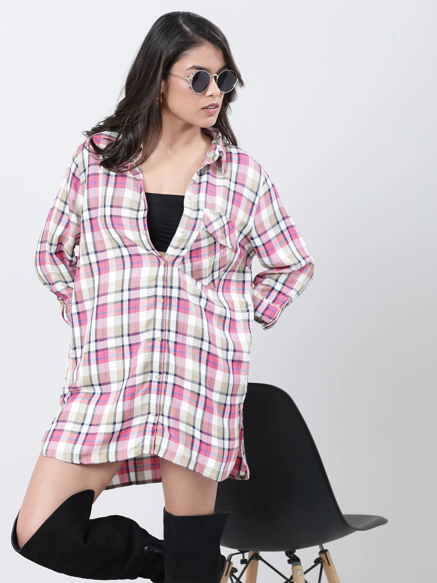 Women Relaxed Fit Pink Checked Shirt - Image 3