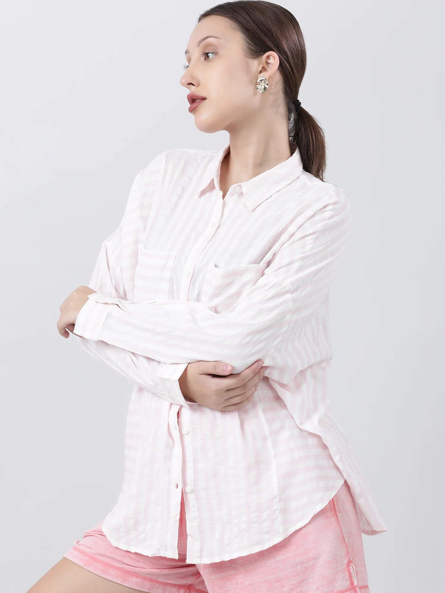 Women Relaxed Fit Striped Pink Shirt - Image 3