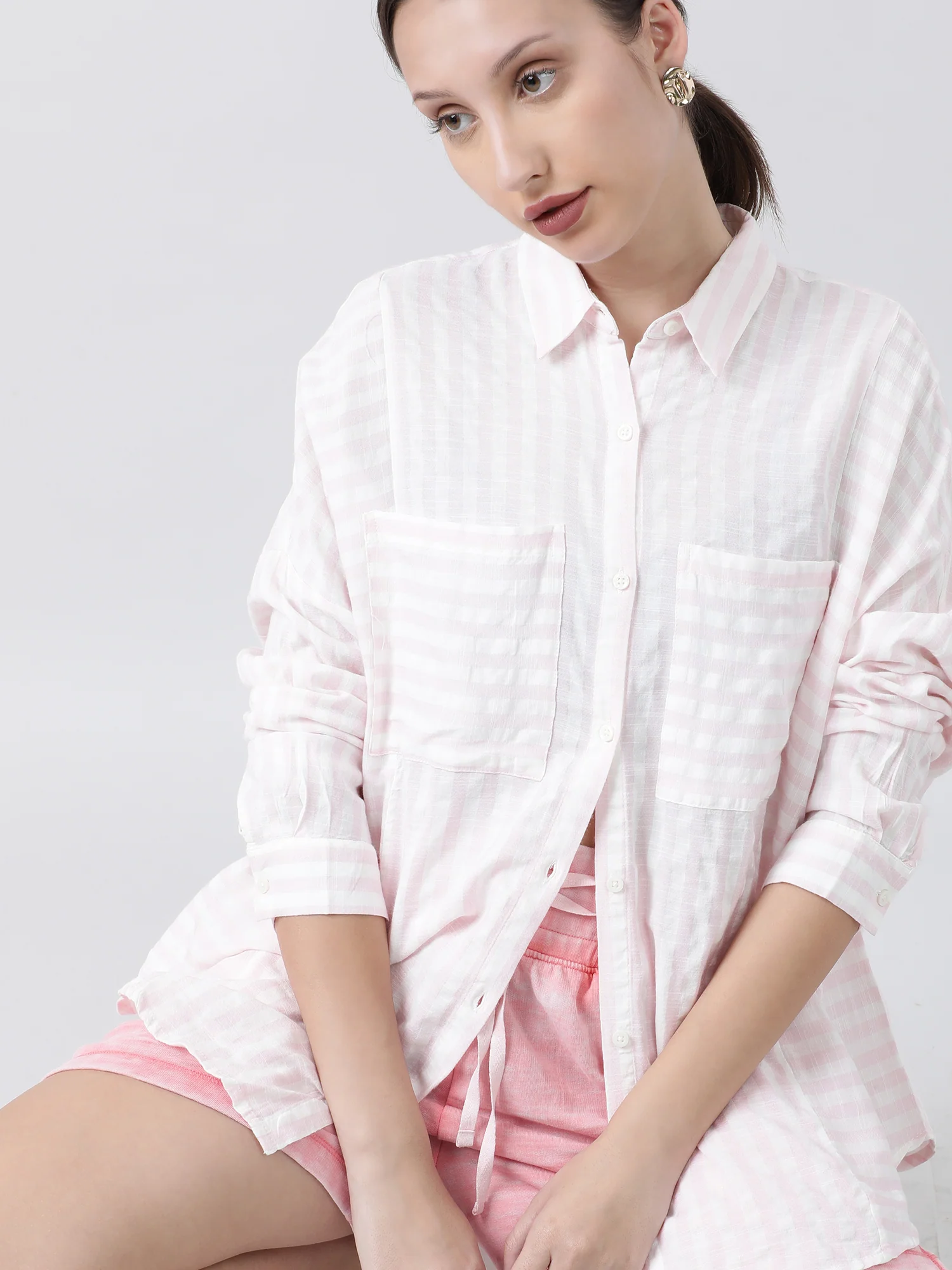 Women Relaxed Fit Striped Pink Shirt - Image 6