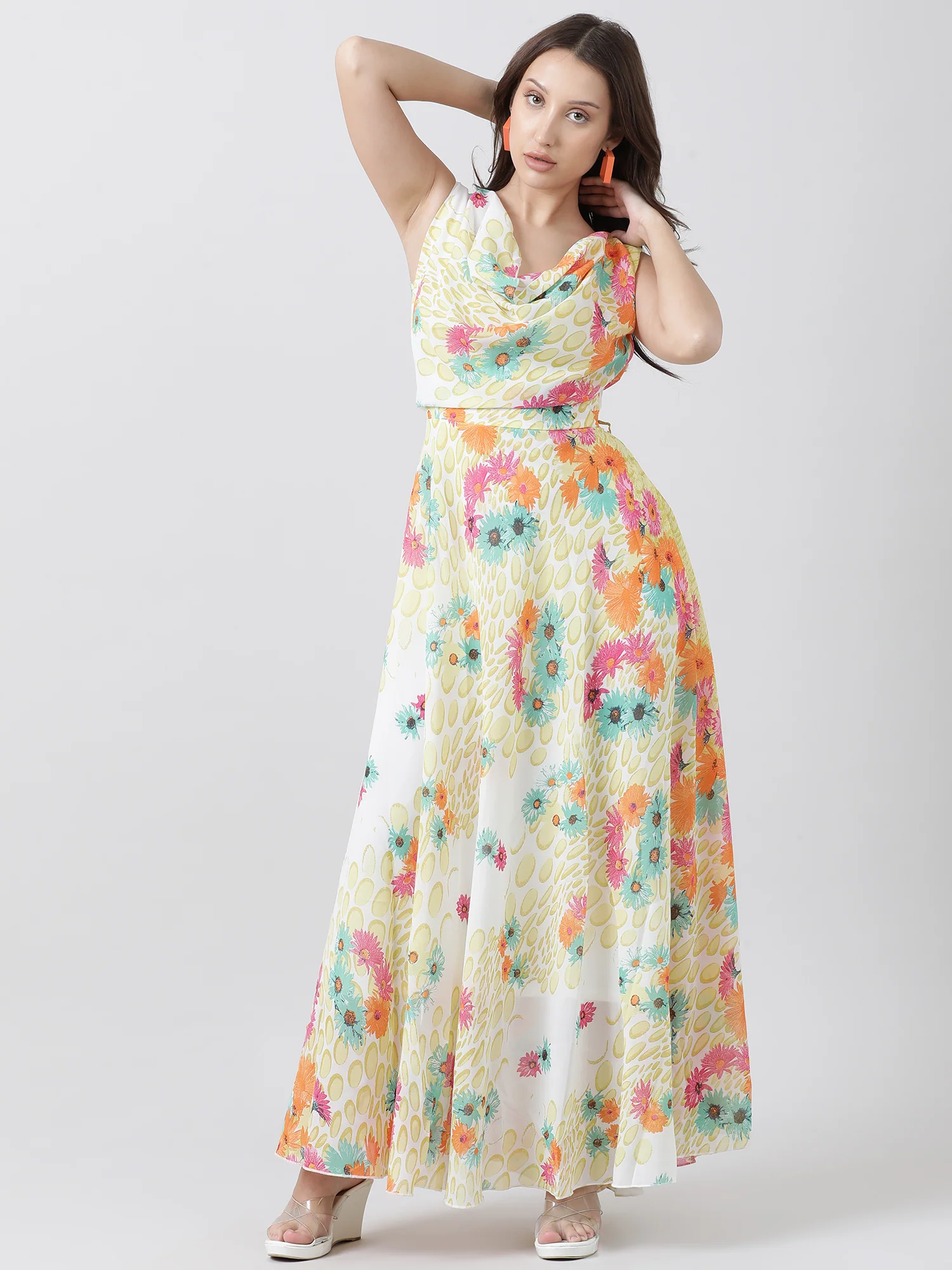 Women Relaxed Fit Yellow Floral Print Maxi Dress - Image 4