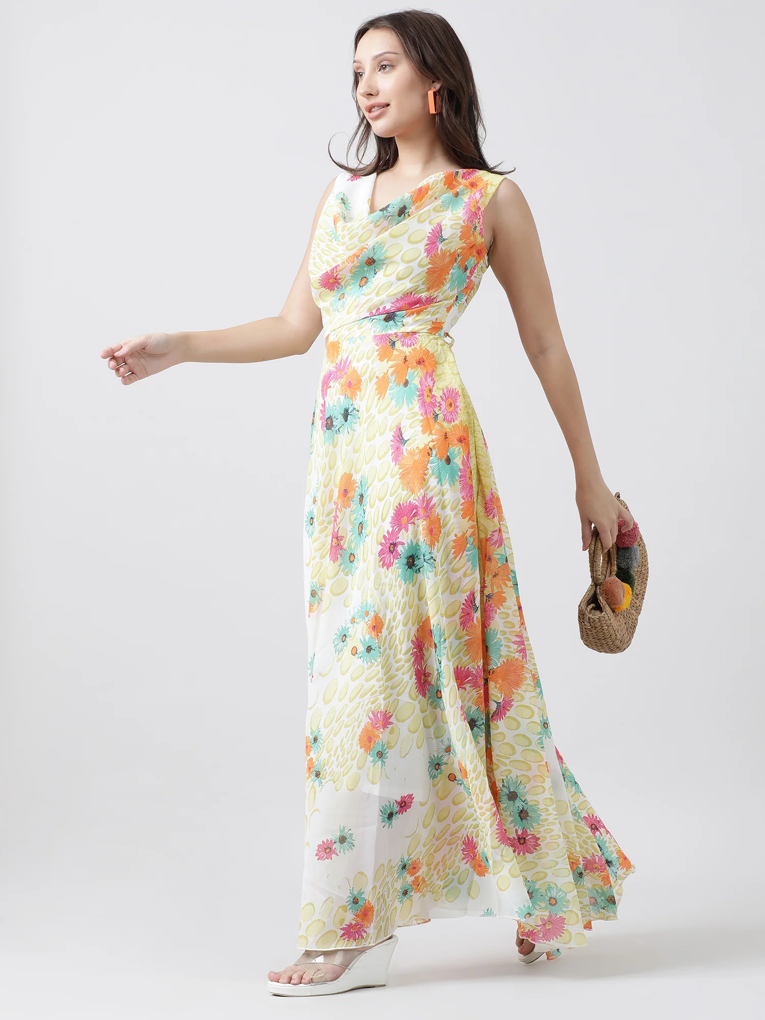 Women Relaxed Fit Yellow Floral Print Maxi Dress - Image 5
