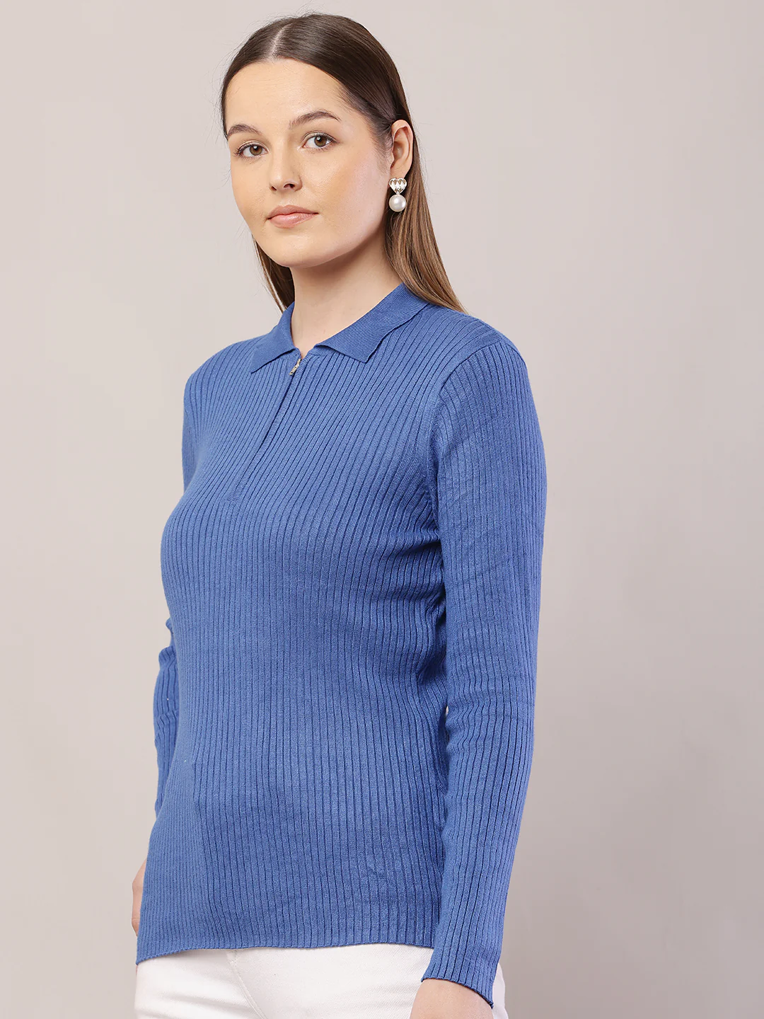 Women  Ribbed Blue Sweater - Image 2