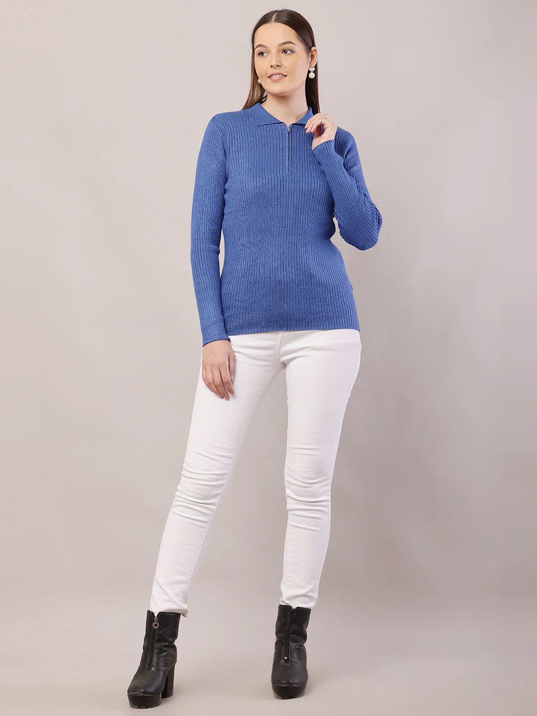 Women  Ribbed Blue Sweater - Image 3