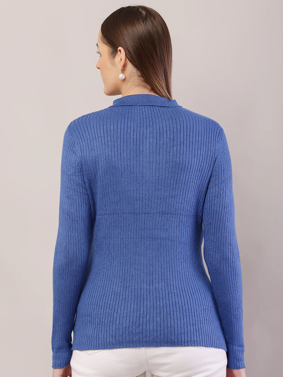 Women  Ribbed Blue Sweater - Image 4