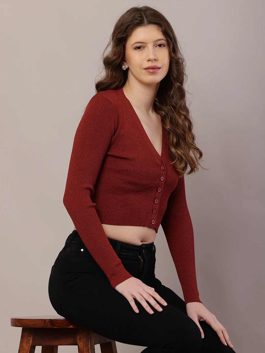 Women Ribbed Brown Cardigan - Image 2