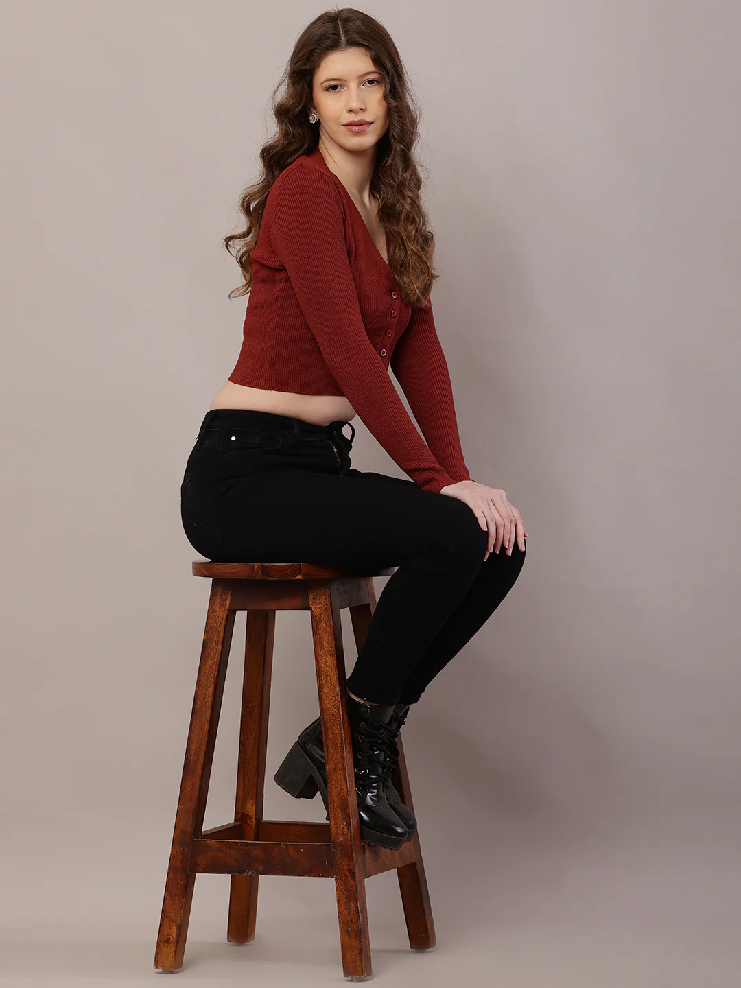 Women Ribbed Brown Cardigan - Image 3