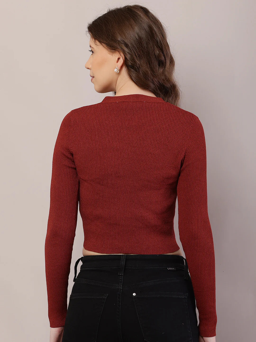 Women Ribbed Brown Cardigan - Image 4