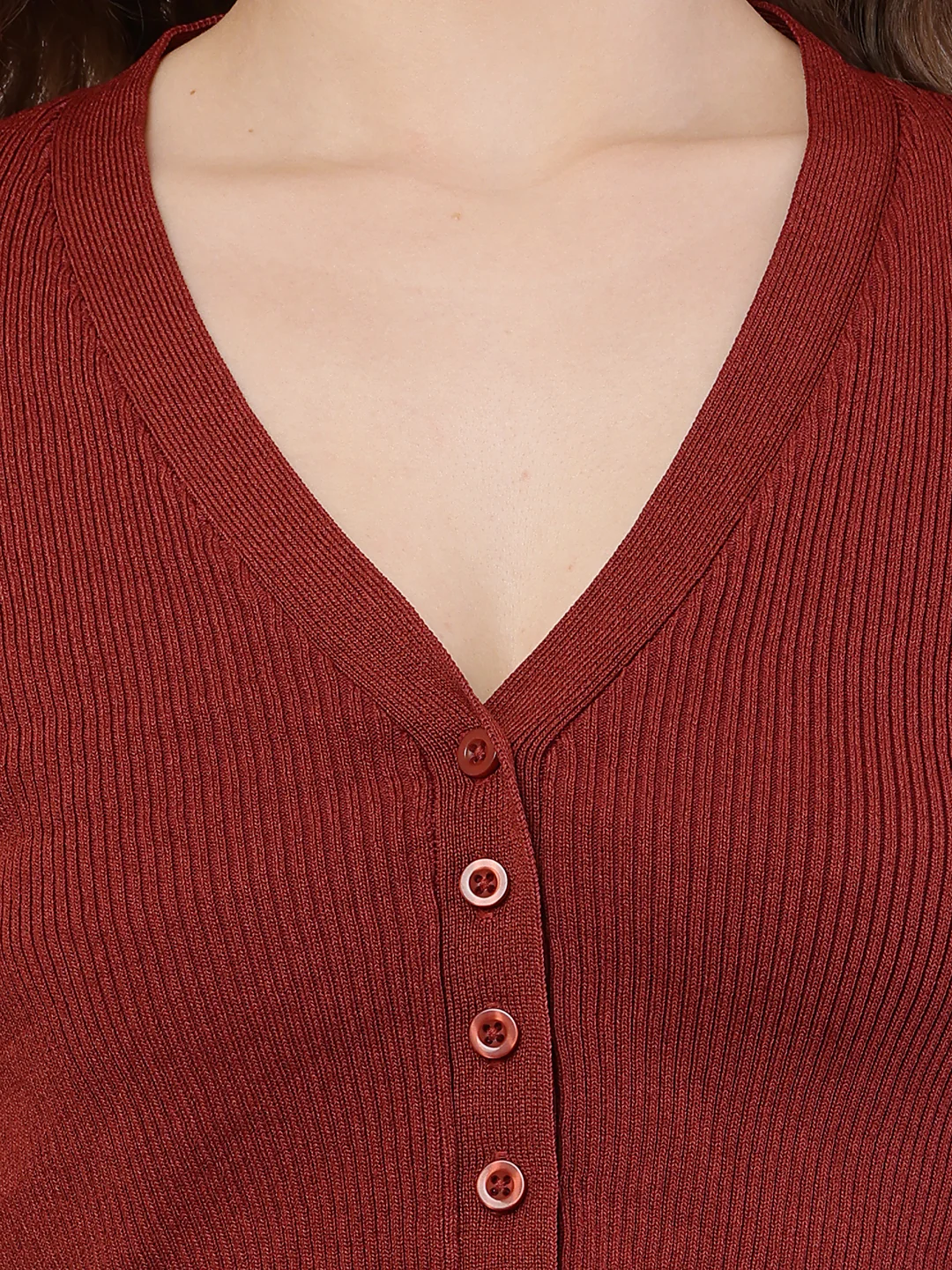 Women Ribbed Brown Cardigan - Image 5