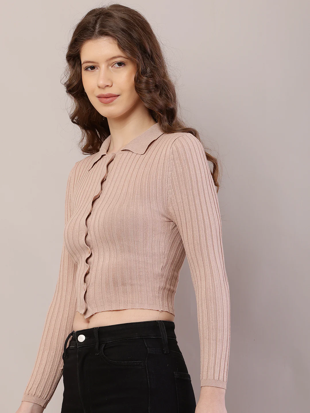 Women Ribbed Crop Beige Cardigan - Image 2