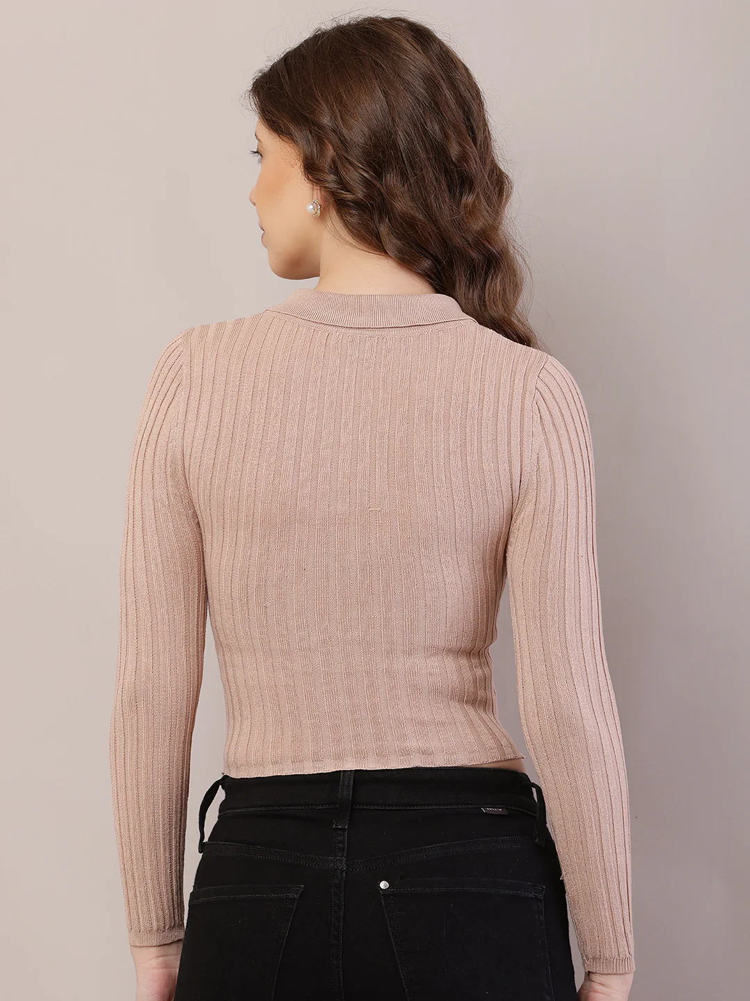 Women Ribbed Crop Beige Cardigan - Image 4