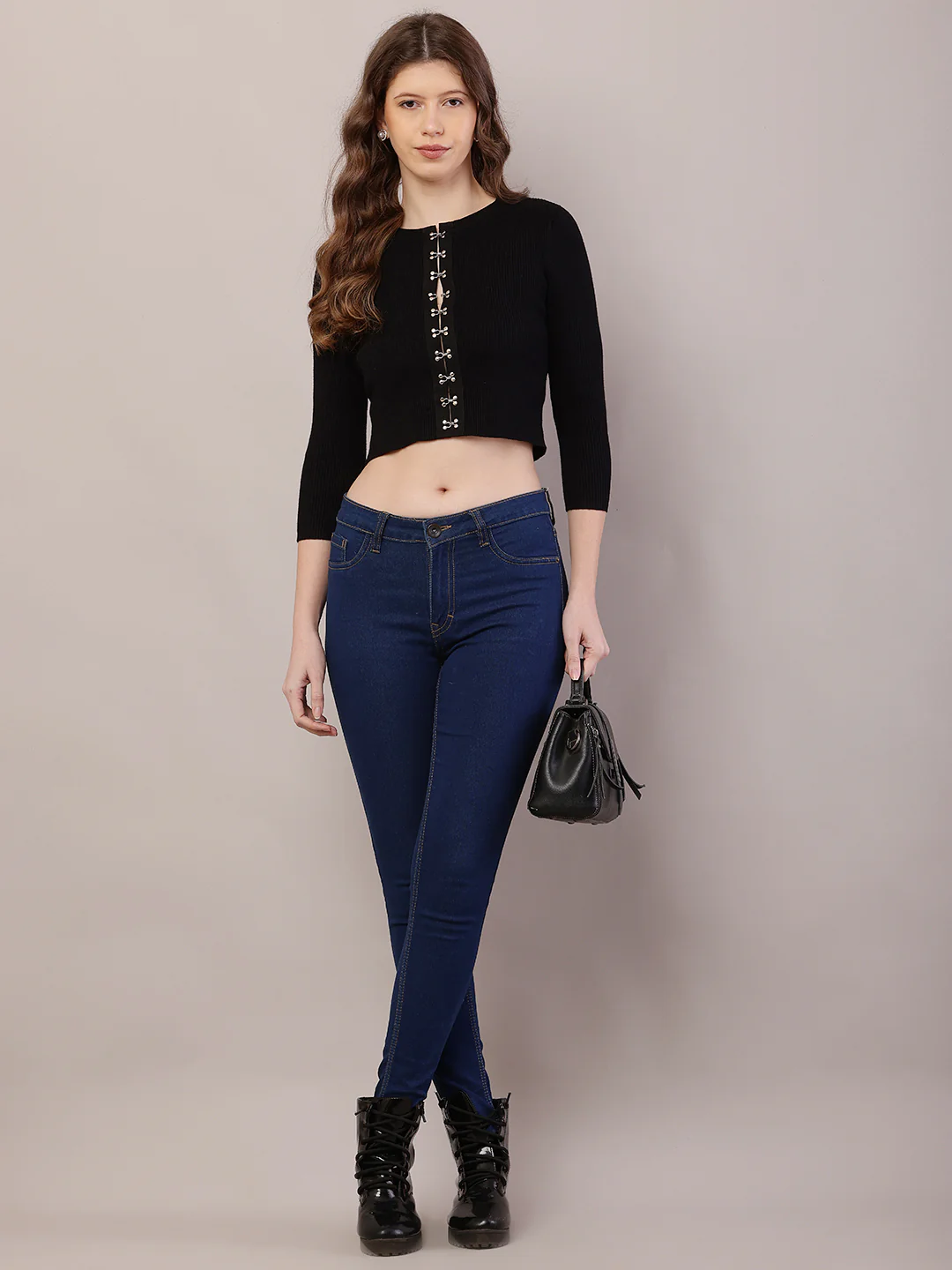 Women Ribbed Crop Black Cardigan - Image 3