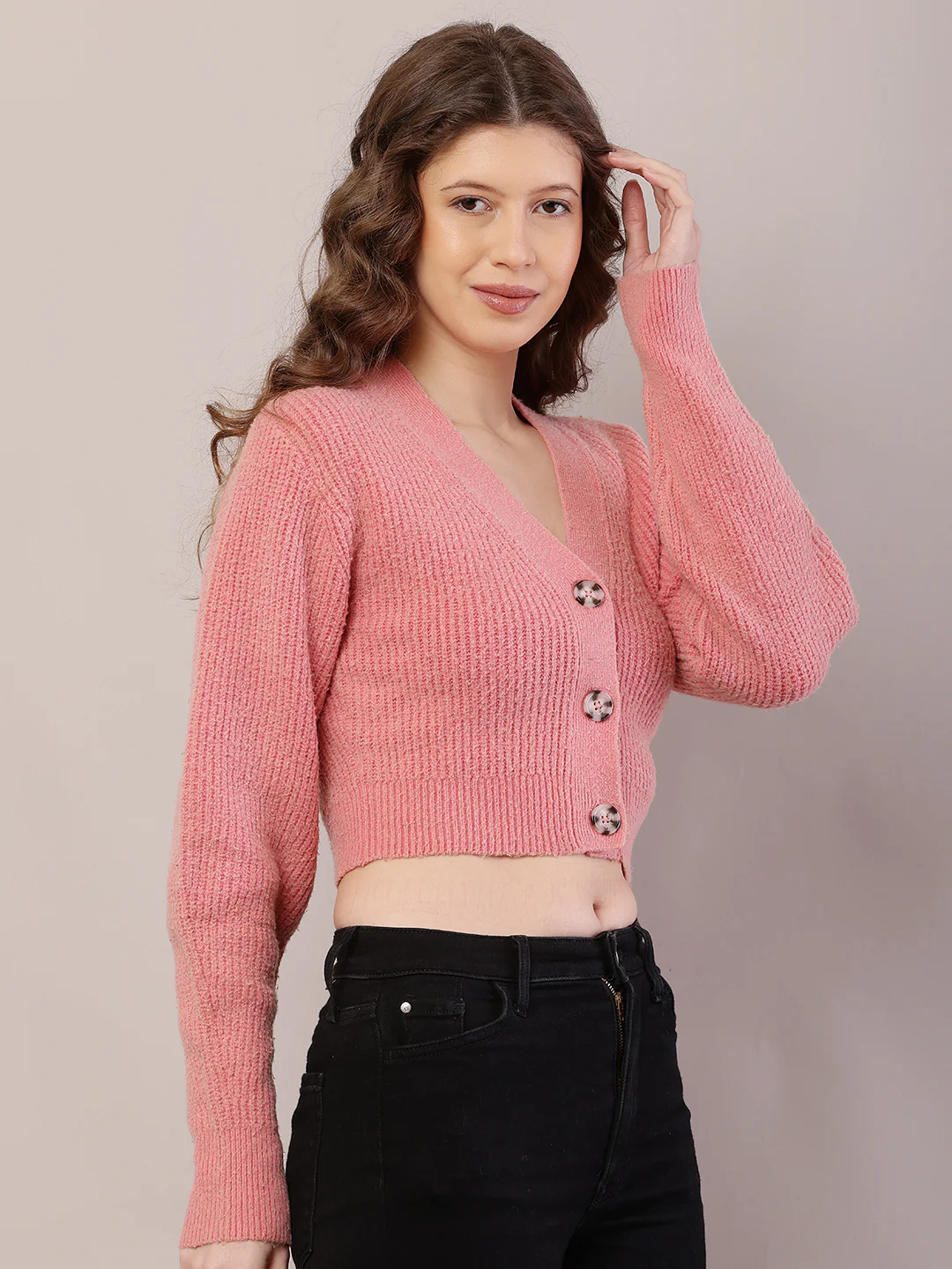 Women Ribbed Crop Light Peach Cardigan - Image 2