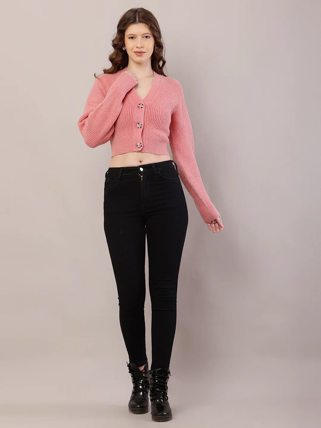 Women Ribbed Crop Light Peach Cardigan - Image 3