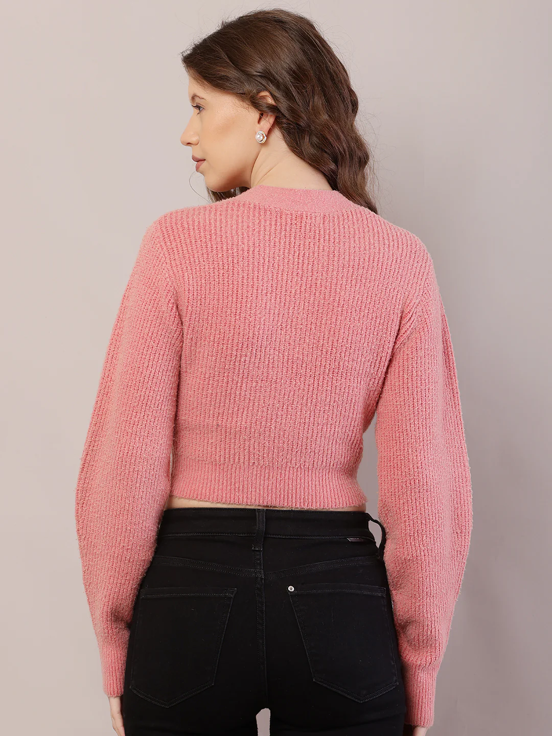 Women Ribbed Crop Light Peach Cardigan - Image 4