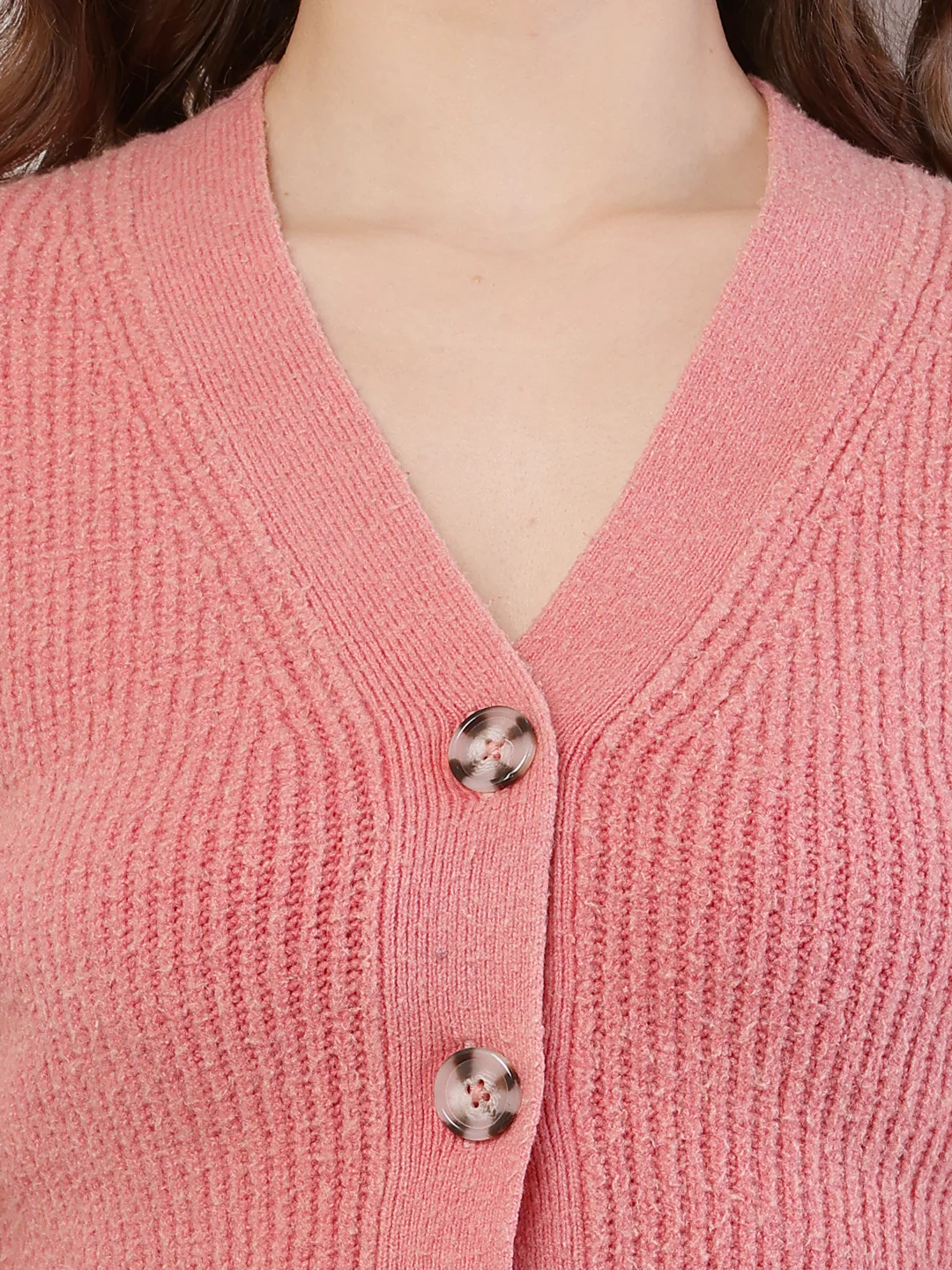 Women Ribbed Crop Light Peach Cardigan - Image 5