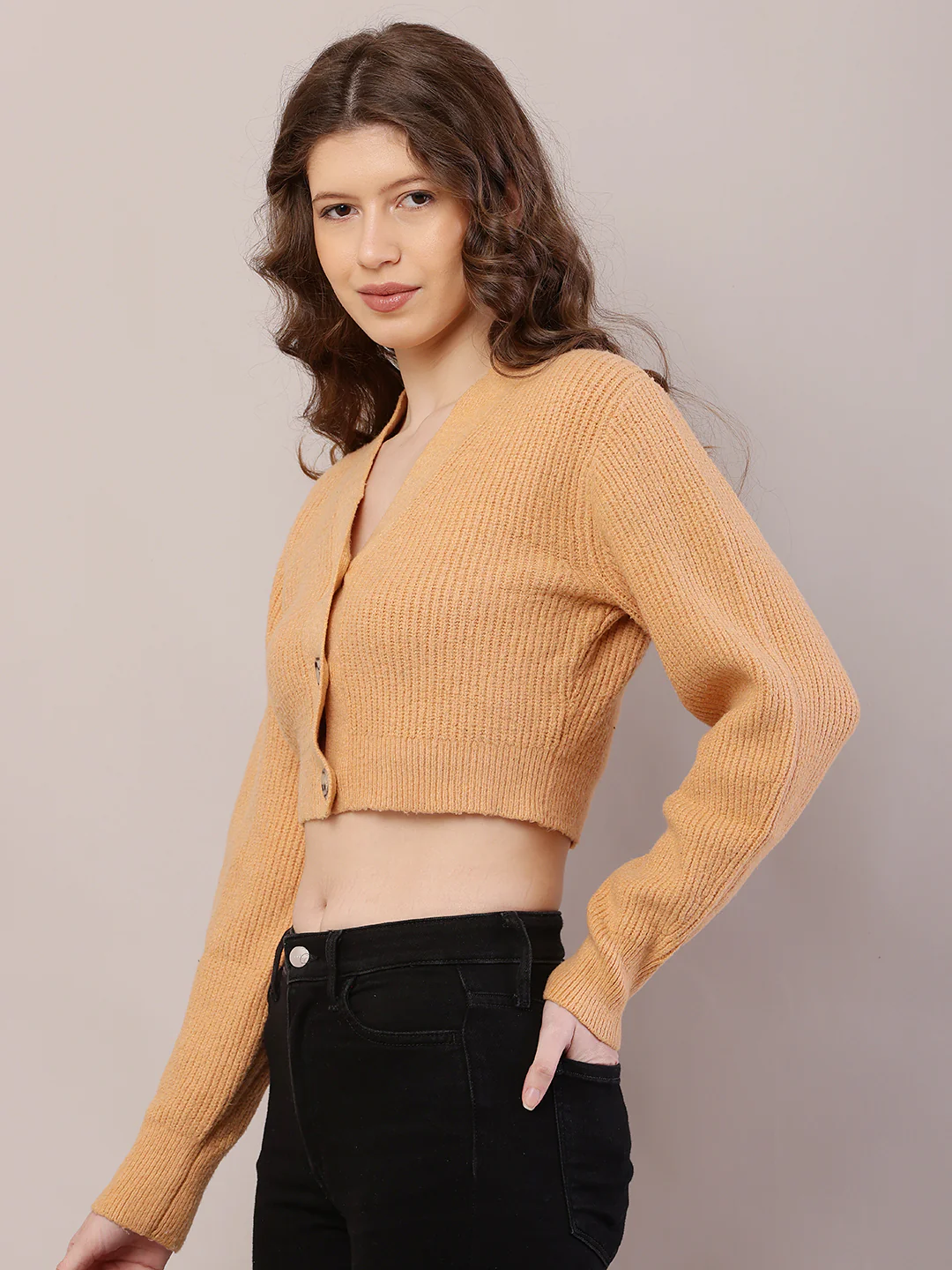 Women Ribbed Crop Mustard Cardigan - Image 2