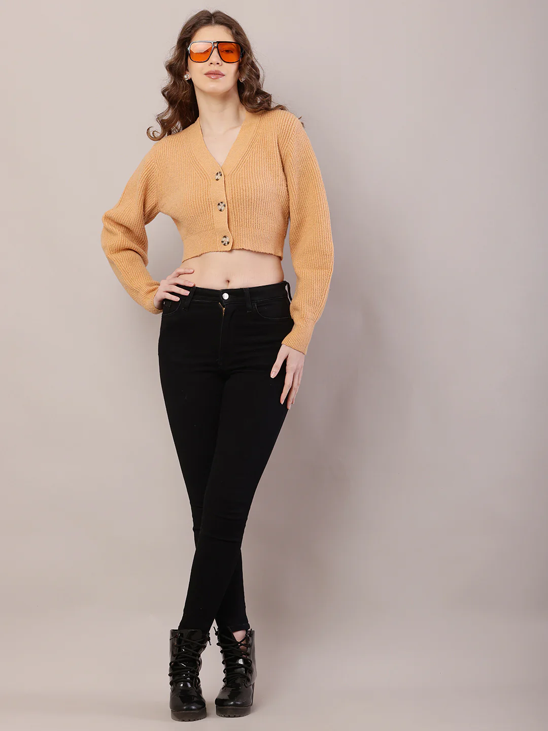 Women Ribbed Crop Mustard Cardigan - Image 3