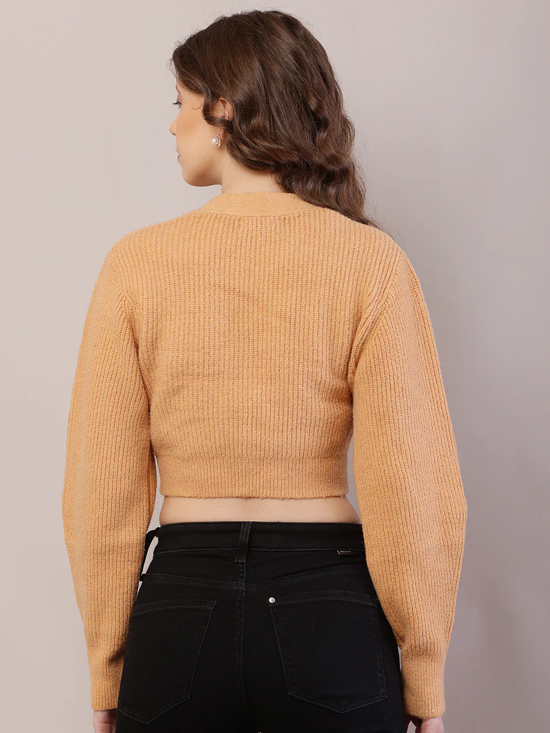 Women Ribbed Crop Mustard Cardigan - Image 4