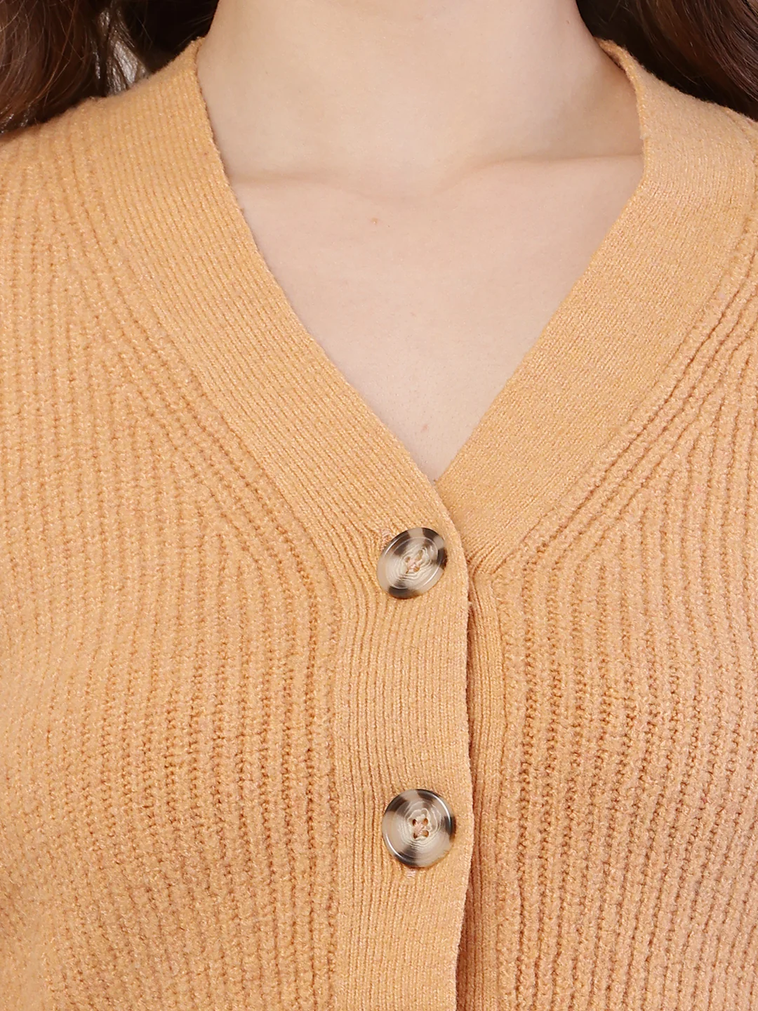 Women Ribbed Crop Mustard Cardigan - Image 5