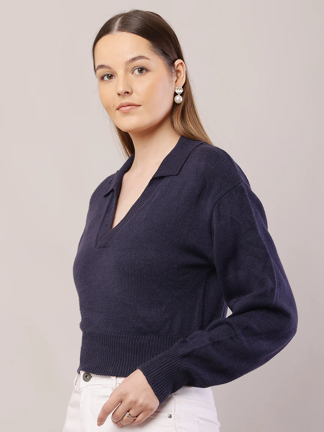 Women Ribbed Dark Blue Sweater - Image 2