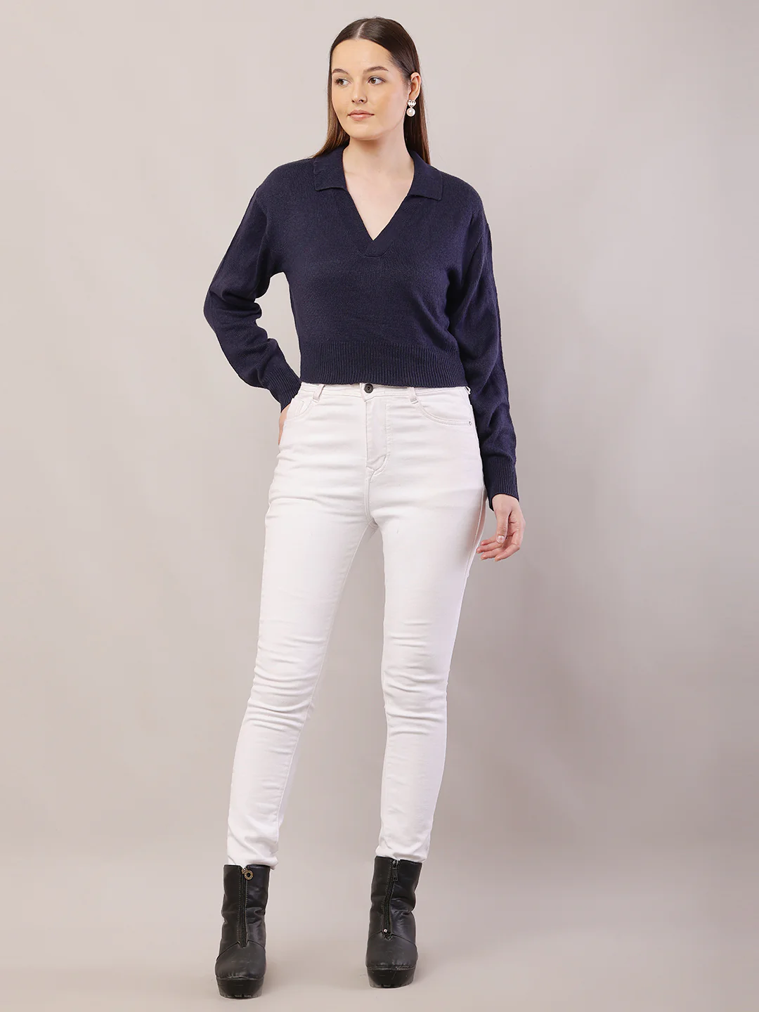 Women Ribbed Dark Blue Sweater - Image 3