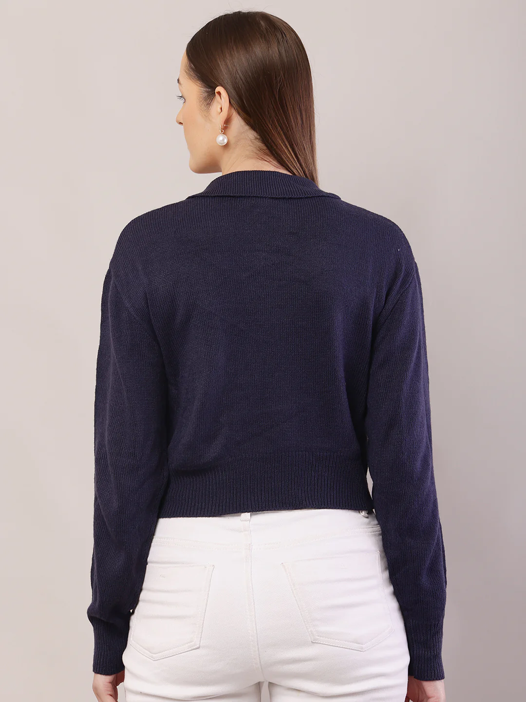 Women Ribbed Dark Blue Sweater - Image 4
