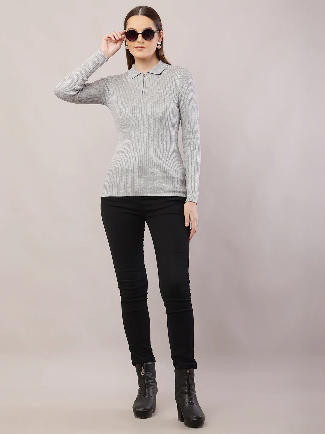 Women  Ribbed Grey Sweater - Image 3