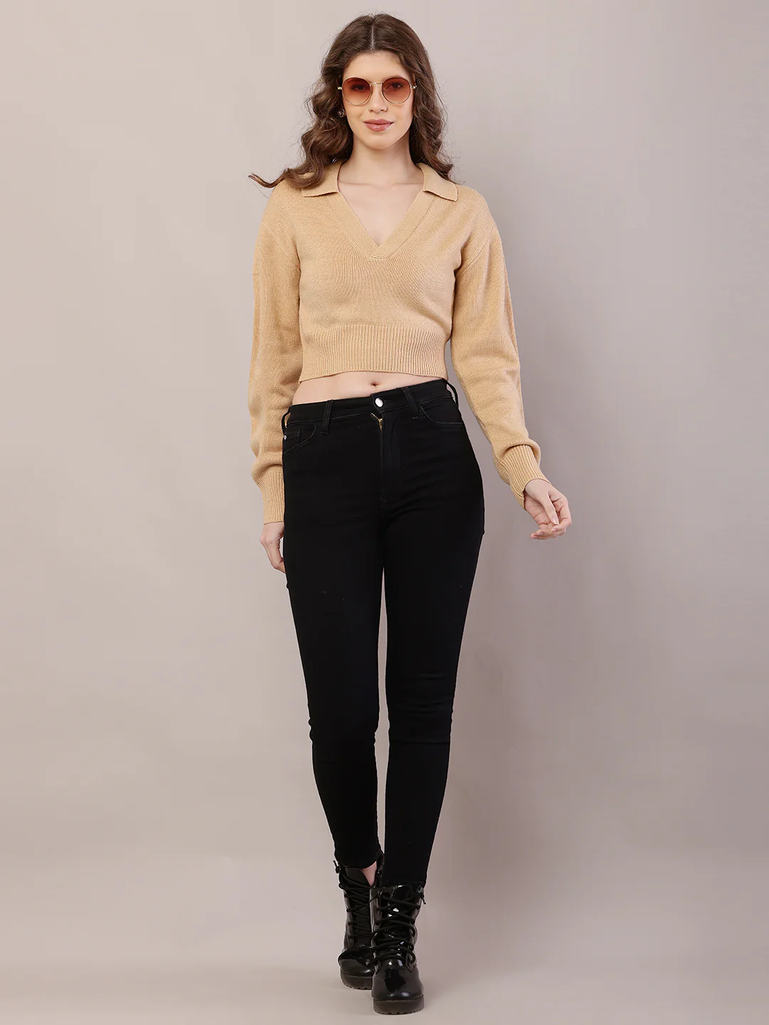 Women Ribbed Light Brown Sweater - Image 3