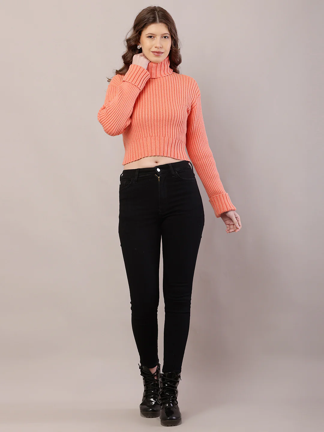 Women Ribbed Light Orange Sweater - Image 3