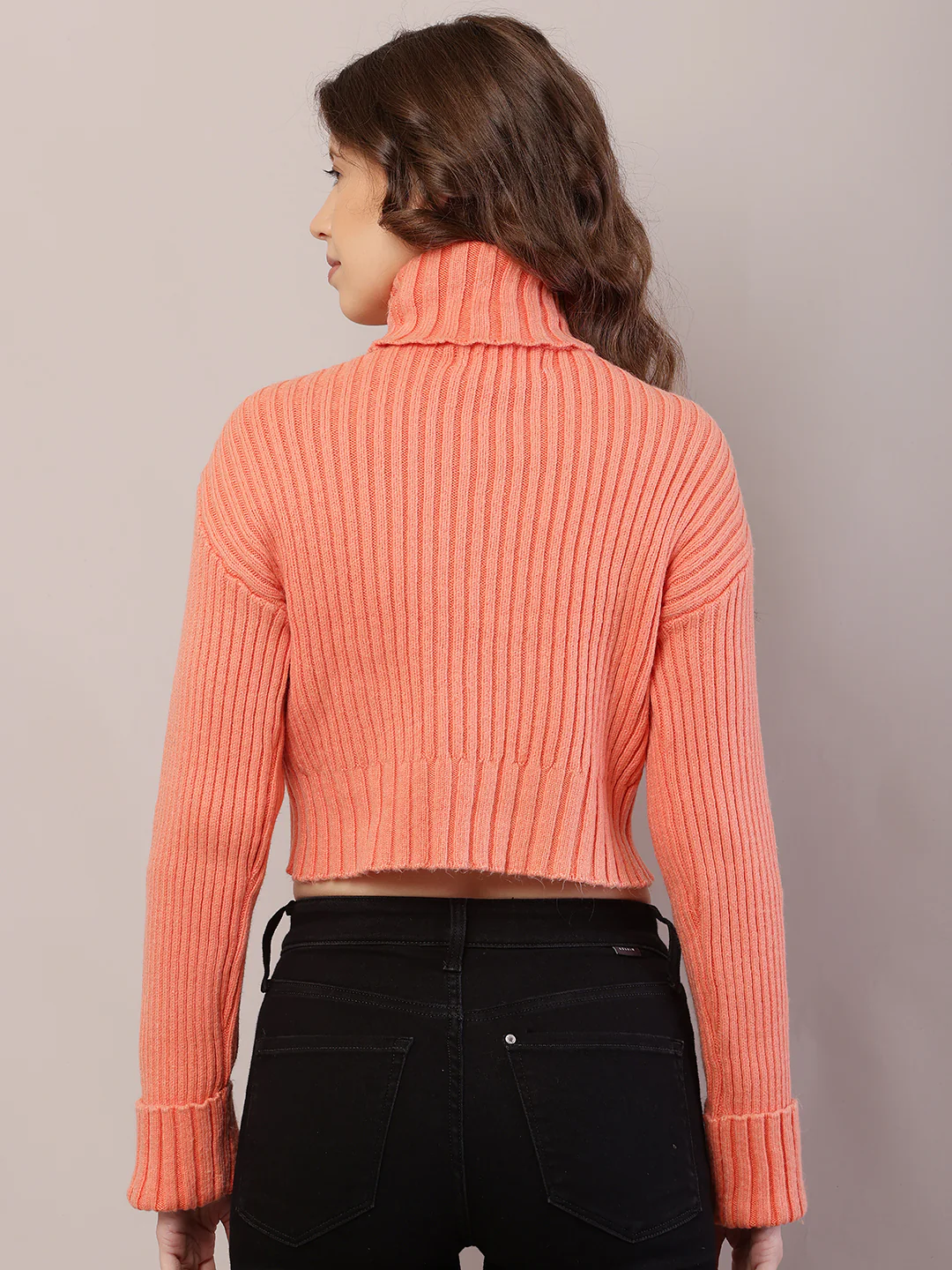 Women Ribbed Light Orange Sweater - Image 4