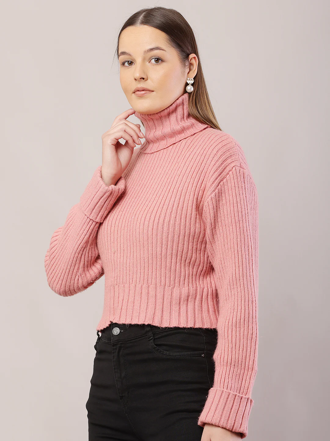 Women Ribbed Peach Sweater - Image 2