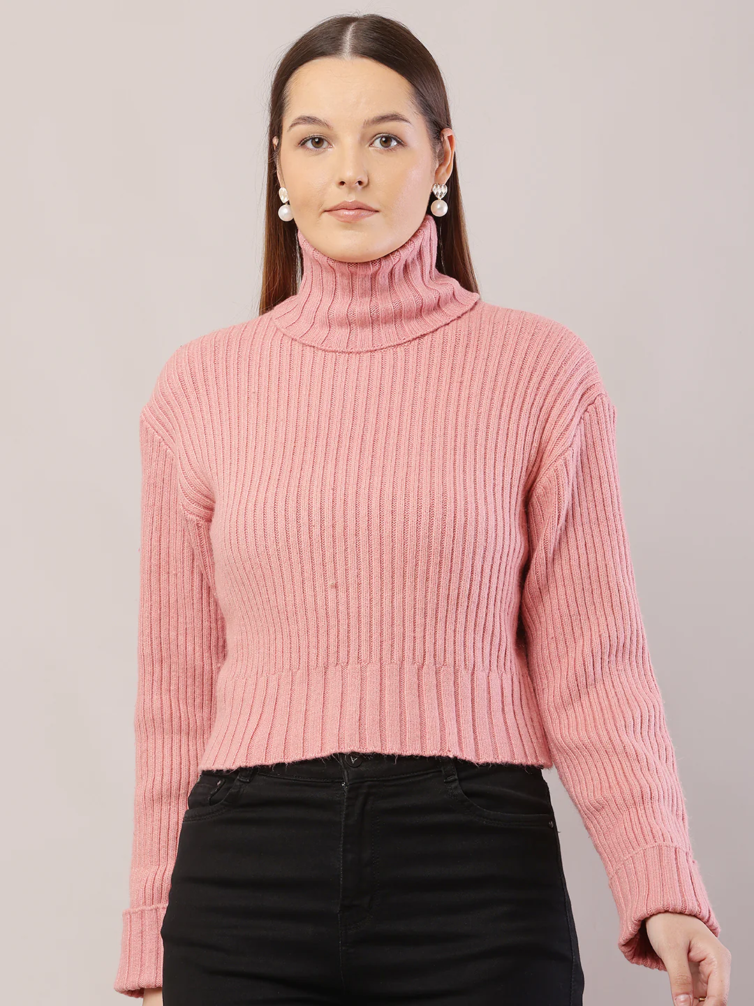 Women Ribbed Peach Sweater - Image 3