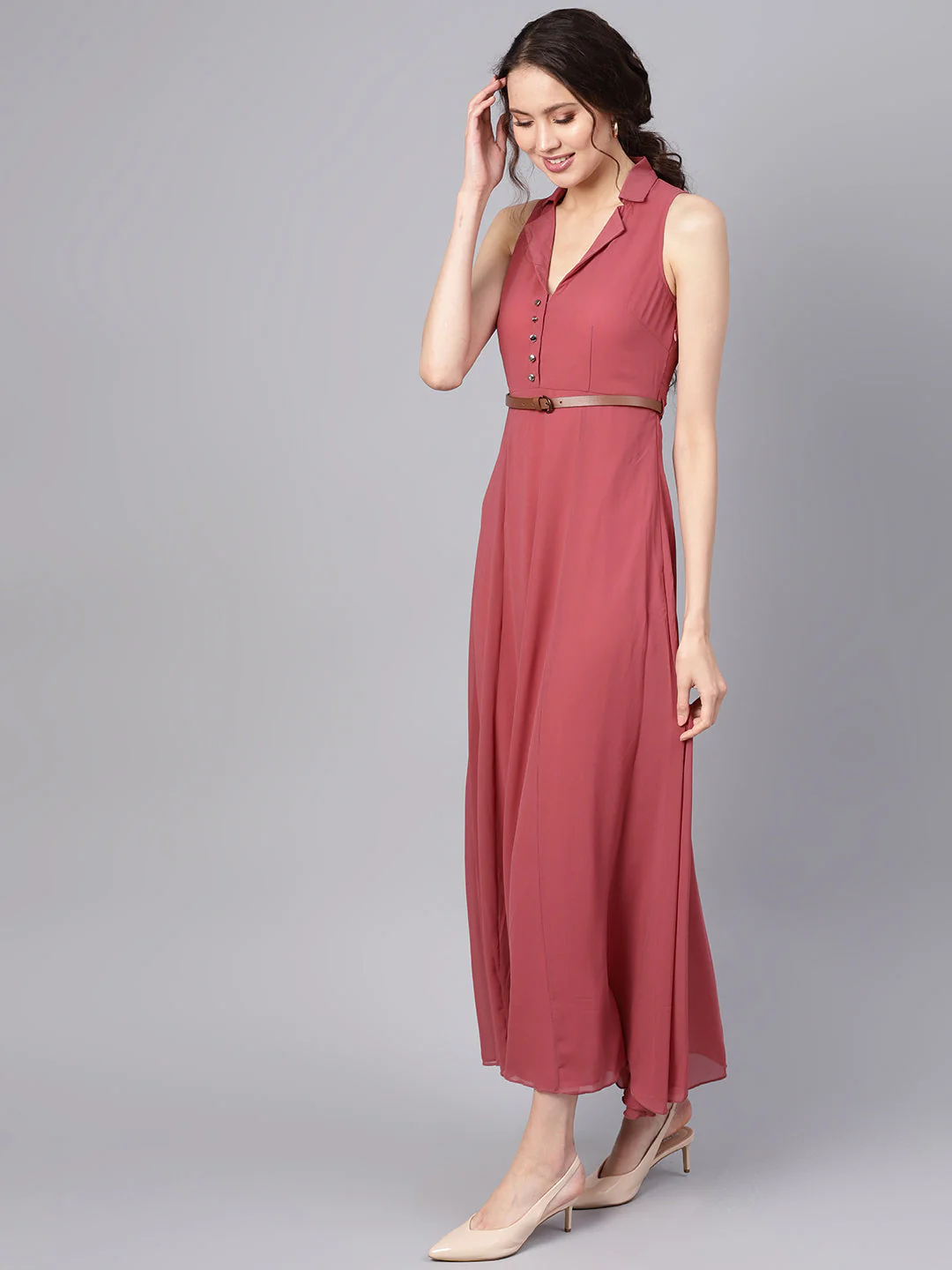 Women Rose Pink Notched Collar Belted Maxi - Image 2