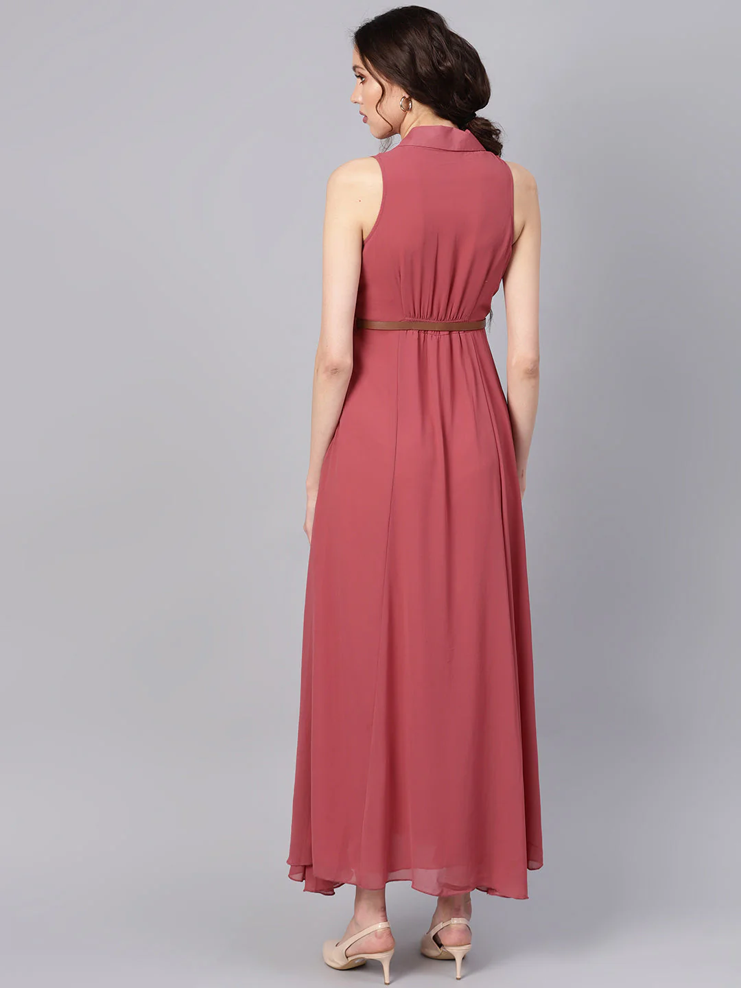 Women Rose Pink Notched Collar Belted Maxi - Image 3