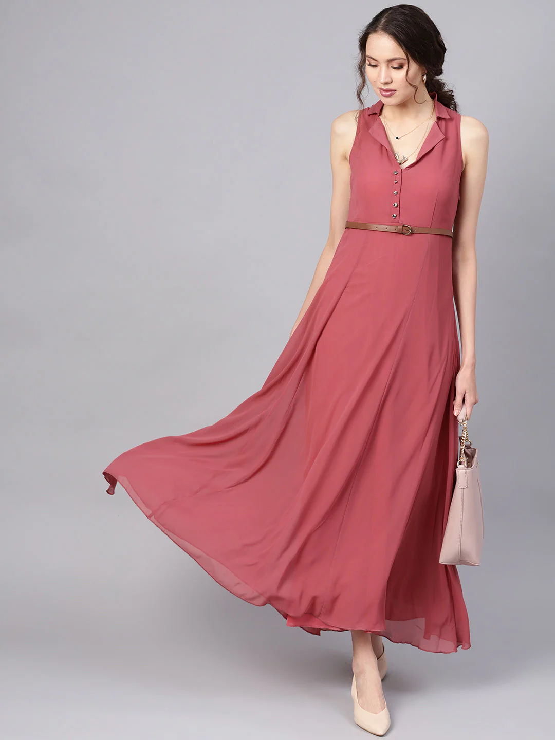 Women Rose Pink Notched Collar Belted Maxi - Image 4
