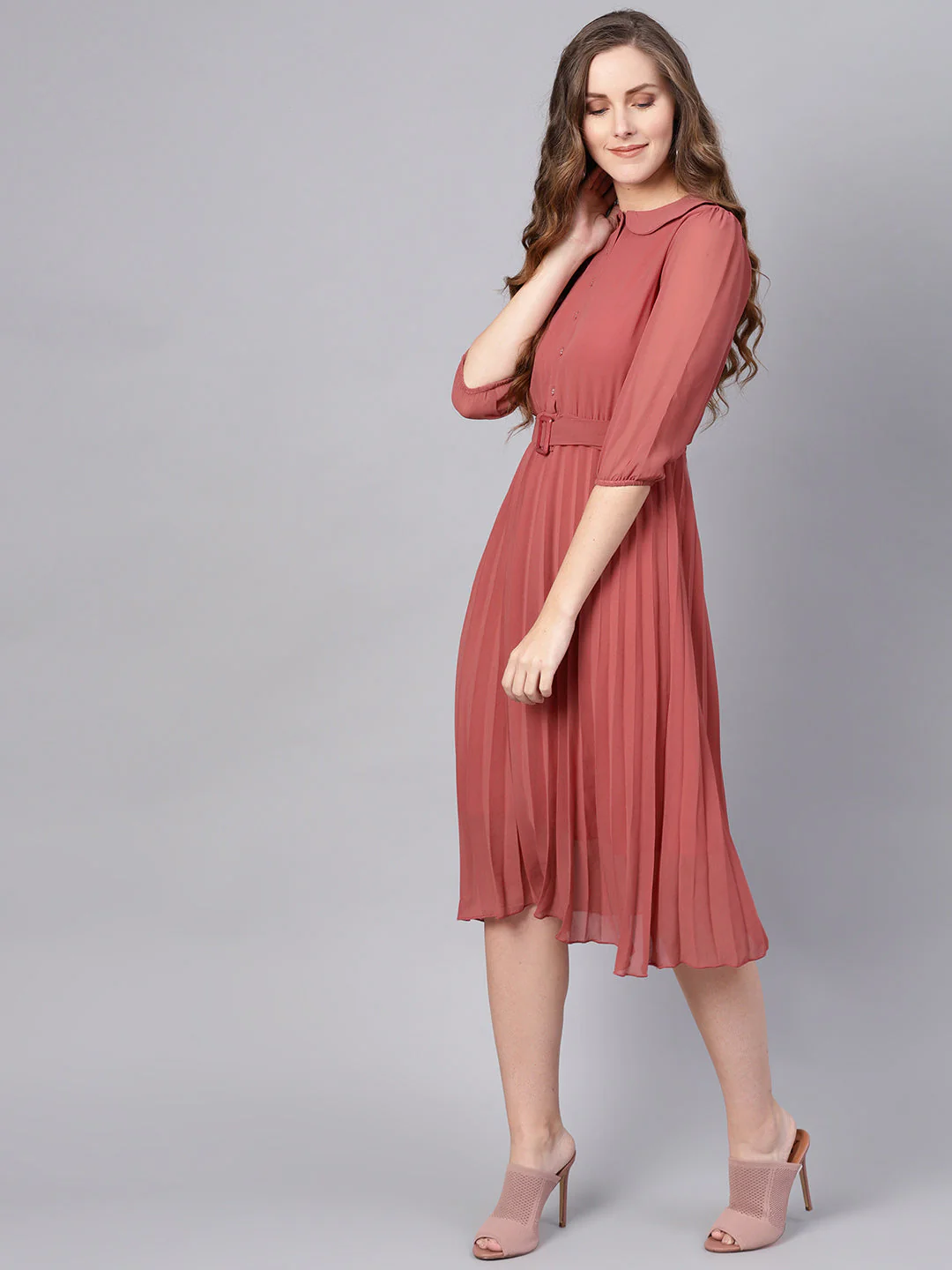 Women Rose Pink Peterpan Belted Pleated Midi Dress - Image 2